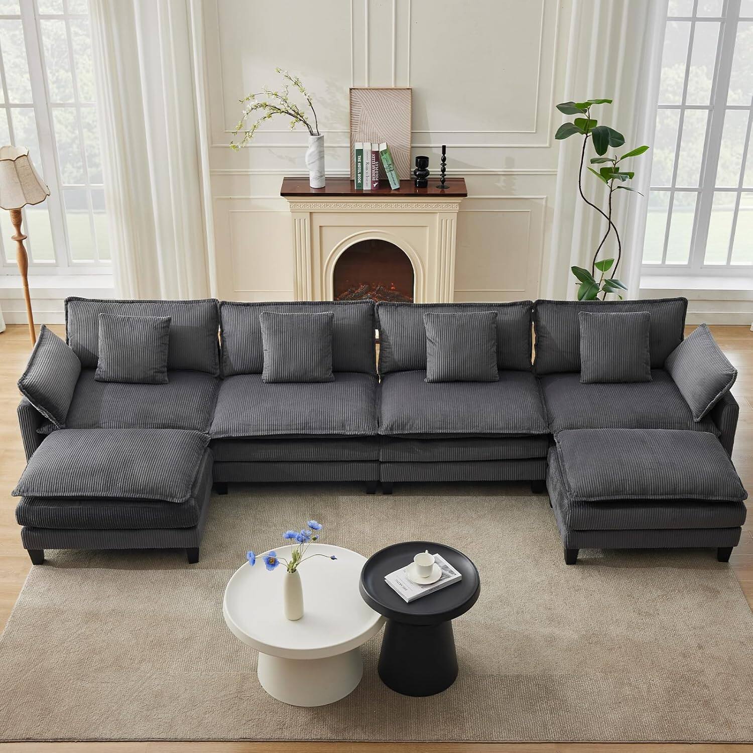 Front. Homhougo - Modular Sectional Sofa with Movable Ottoman and Throw Pillows, Modern L/U-Shaped Couch - Gray.