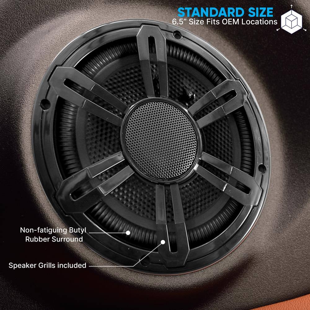 STANDARD SIZE  
6.5" Size Fits OEM Locations  

Non-fatiguing Butyl Rubber Surround  

Speaker Grills included