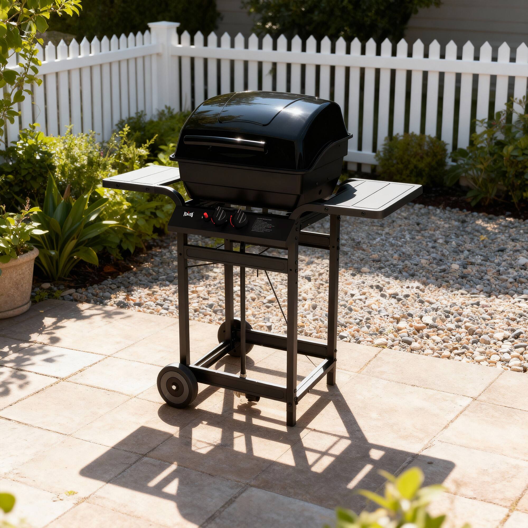 Left. FEASTO - 2-Burner Propane Gas Grill, Porcelain-Enamel Body & Lid, with Warming Rack and Side Tables, Outdoor BBQ Gril - Black.