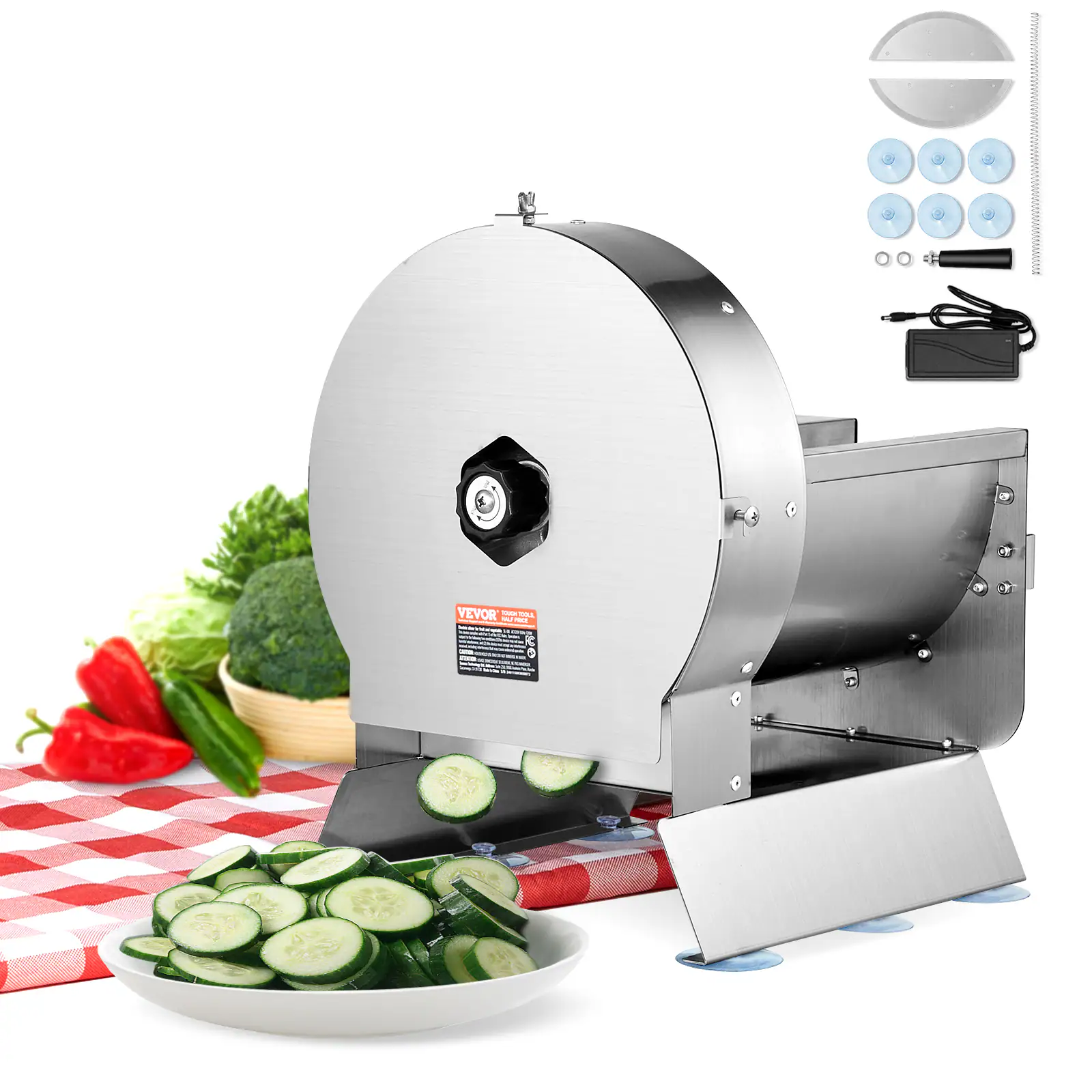 VEVOR - Electric Vegetable Slicer, 0-0.5"/0-12mm Thickness Adjustable Commercial Slicer Machine, Convertible to Manual - Silver