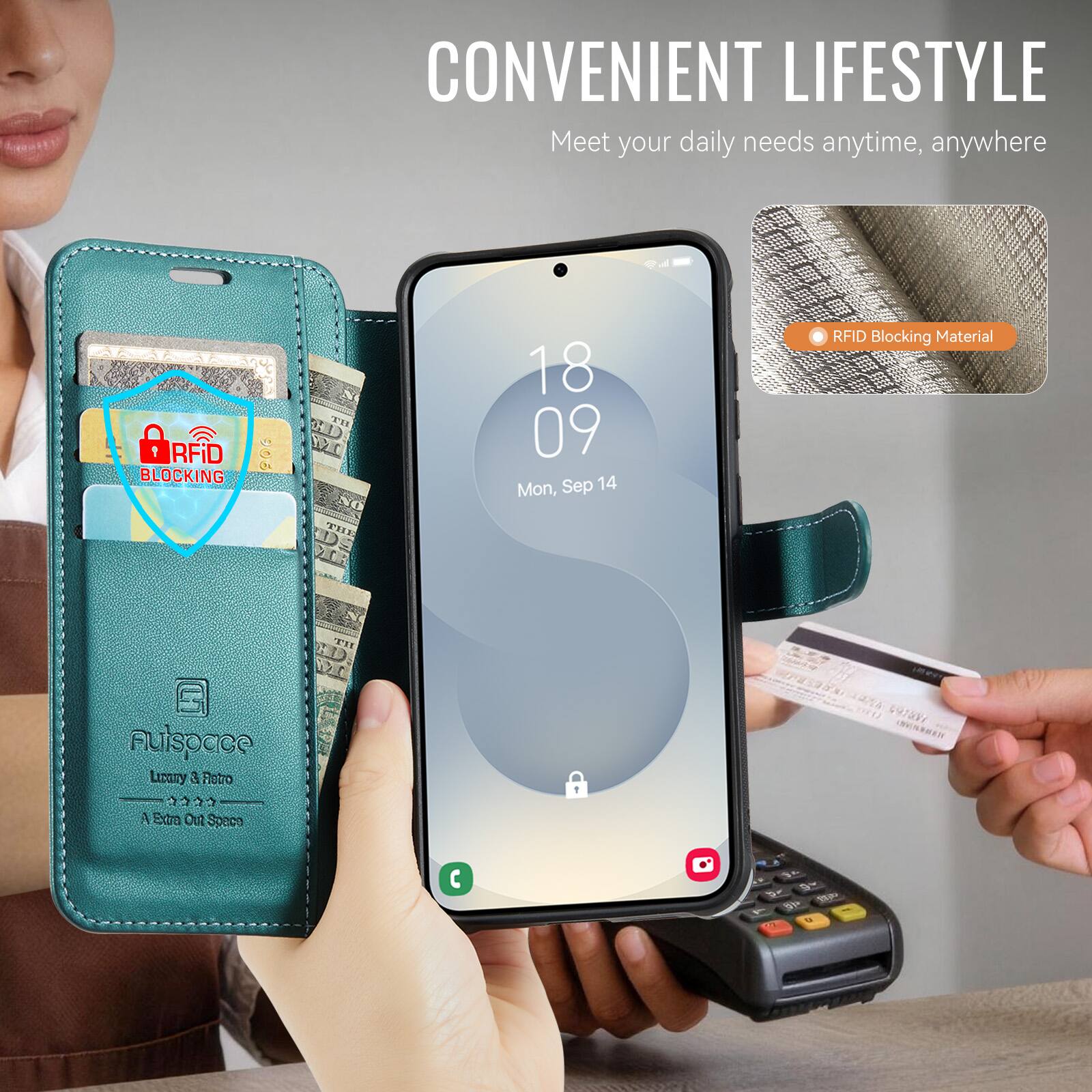 CONVENIENT LIFESTYLE  
Meet your daily needs anytime, anywhere

RFID BLOCKING  
RFID Blocking Material

Auispace  
Luxury & Retro  
A Extra Out Space