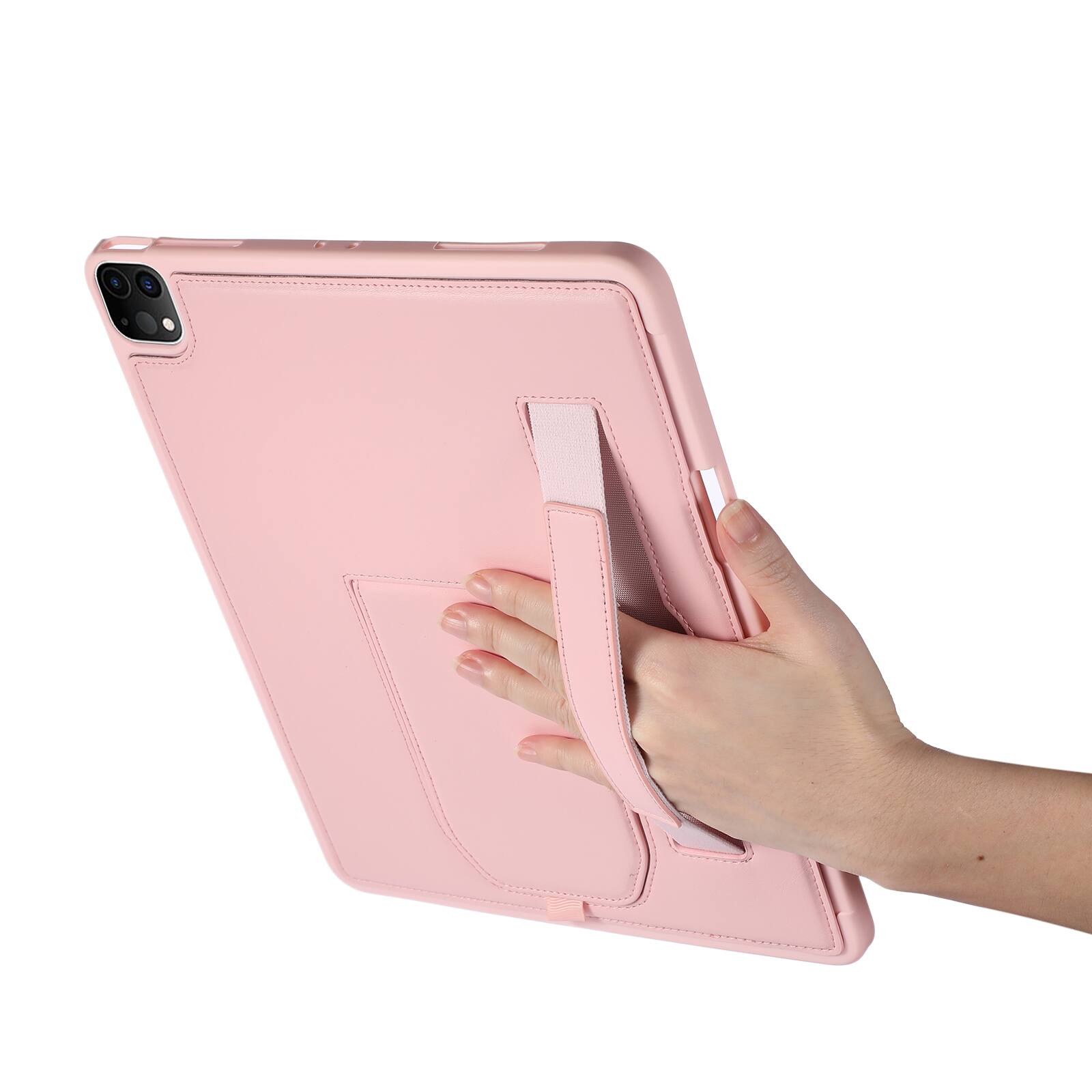 Back. Dteck - Shockproof Case for Apple iPad Air (M4) 13" 2026 with Hand Strap and Foldable Kickstand, PU Leather TPU Protective Cover - Pink.