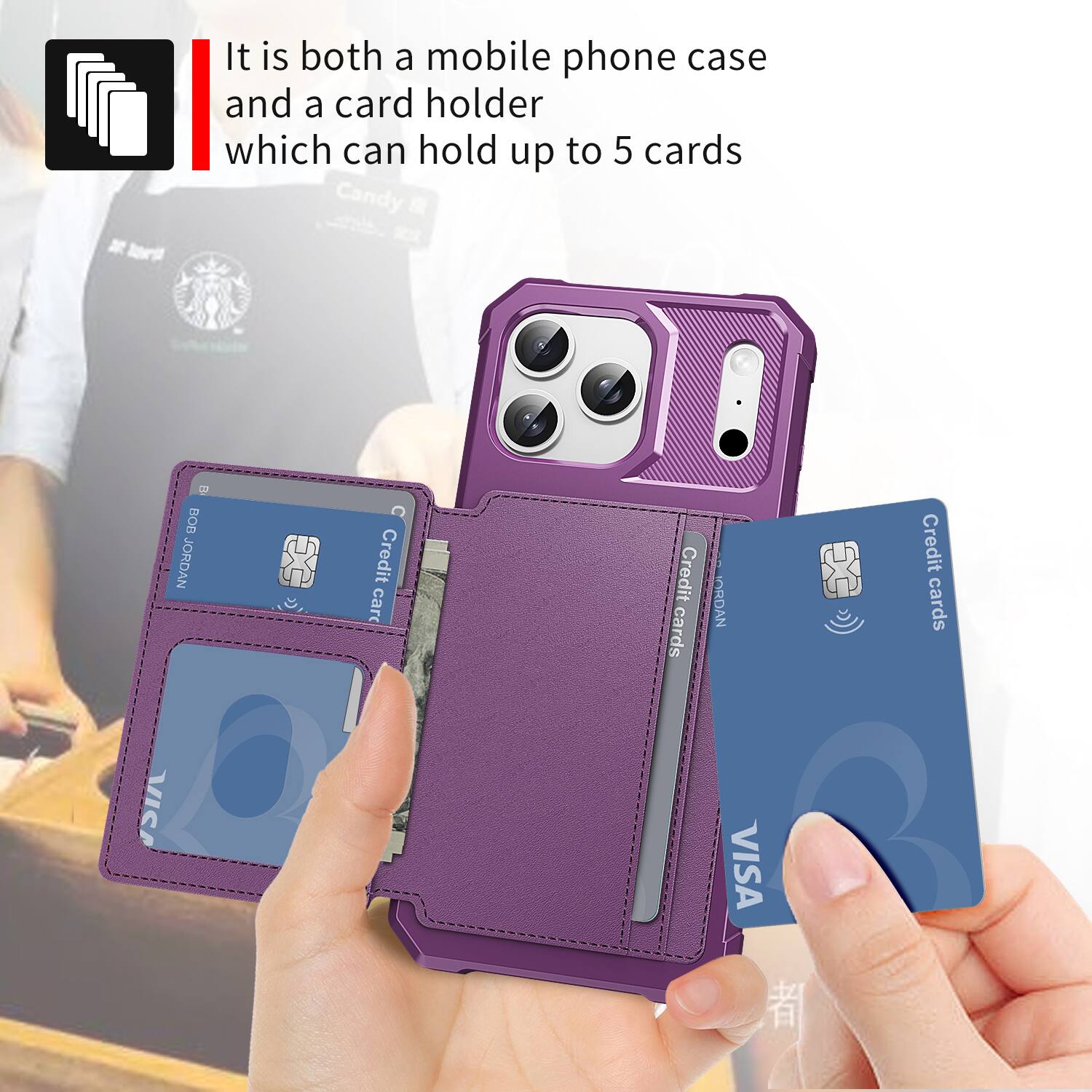 It is both a mobile phone case and a card holder which can hold up to 5 cards.