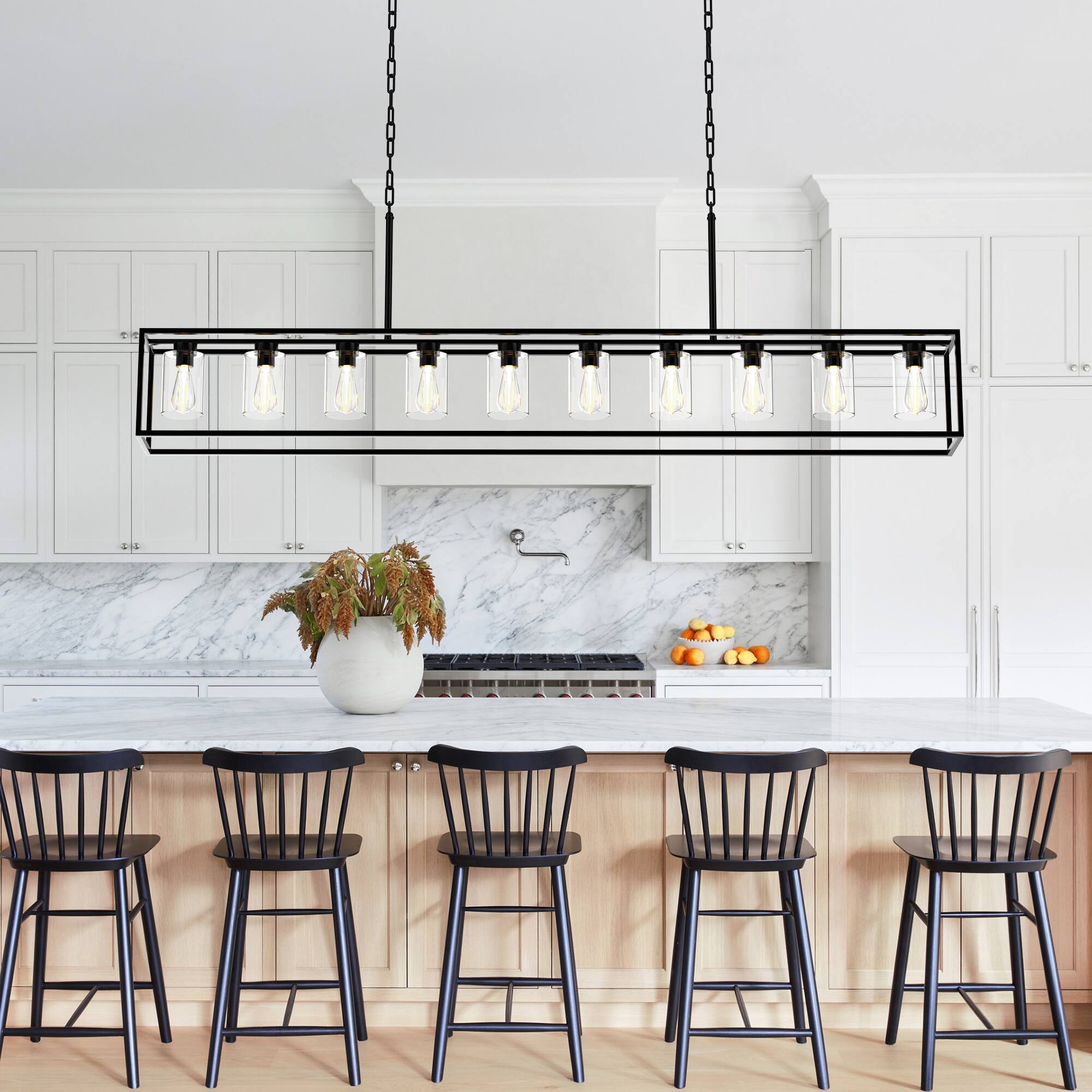 Alt View 2. RYHNUYNE - 10 Light Dining Room Light Fixture,Black Industrial Kitchen Lighting Fixtures,Farmhouse Chandelier with Glass Shade - Black.