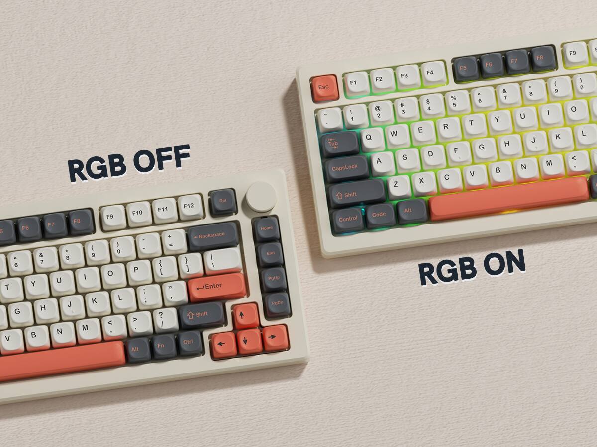 RGB OFF  
Del F12 F11 F10 F9 F8 F7 F6 5 + Backspace ) = . ( 0 & 9 I A 8 7 { 6 I P [ ] o I Y U T " Enter : L K J H G Shift ? > < I M N 1 V Ctri Fn Alt Home End PgUp PgDn F8 F7 F6 F5 F4 F3 F2 F1 Esc & 9 A 8 % 7 $ 6 . 5 4 ! 3 I 2 1 Y U T R E W Q J Tab H F G D S A M CapsLock N V C x Z Shift Alt Code Control RGB ON F9 I 0 o L < : I

RGB ON  
Esc F1 F2 F3 F4 F5 F6 F7 F8 F9 F10 F11 F12  
1 ! 2 @ 3 # 4 $ 5 % 6 ^ 7 & 8 * 9 ( 0 ) - _ + =  
Q W E R T Y U I O P [ { ] } \ |  
A S D F G H J K L