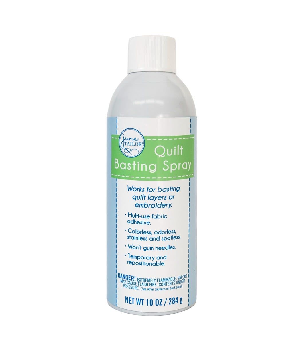sune JIAILOR Quilt Basting Spray Works for basting quilt layers or embroidery. Multi-use fabric adhesive. Colorless, odorless, stainless and spotless. Won't gum needles. Temporary and repositionable. DANGER! FLAMMABLE VAPORS MAY CAUSE FLASH FIRE. (See other cautions on back panel) NET WT 10 OZ / 284 g