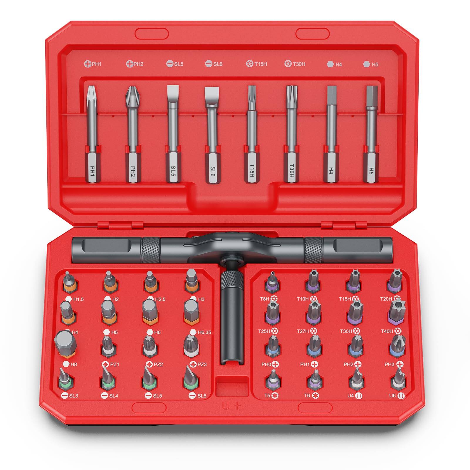 Sure, here is the corrected and grouped text from the image:
**Top Row:**
- PH1
- PH2
- SL5
- SL6
- T15H
- T30H
- H4
- H5
**Bottom Row:**
- H1.5
- H2
- H2.5
- H3
- H4
- H5
- H6
- H6.35
- H8
- PZ1
- PZ2
- PZ3
- PH1
- PH2
- PH3
- SL3
- SL4
- SL5
- SL6
- T5
- T6
- U4
- U6
**Additional Labels:**
- T8H
- T10H
- T15H
- T20H
- T25H
- T27H
- T30H
- T40H
- PH0+
- PH1+
- PH2+
- PH3+
- T5+
- T6+
- U4
- U6