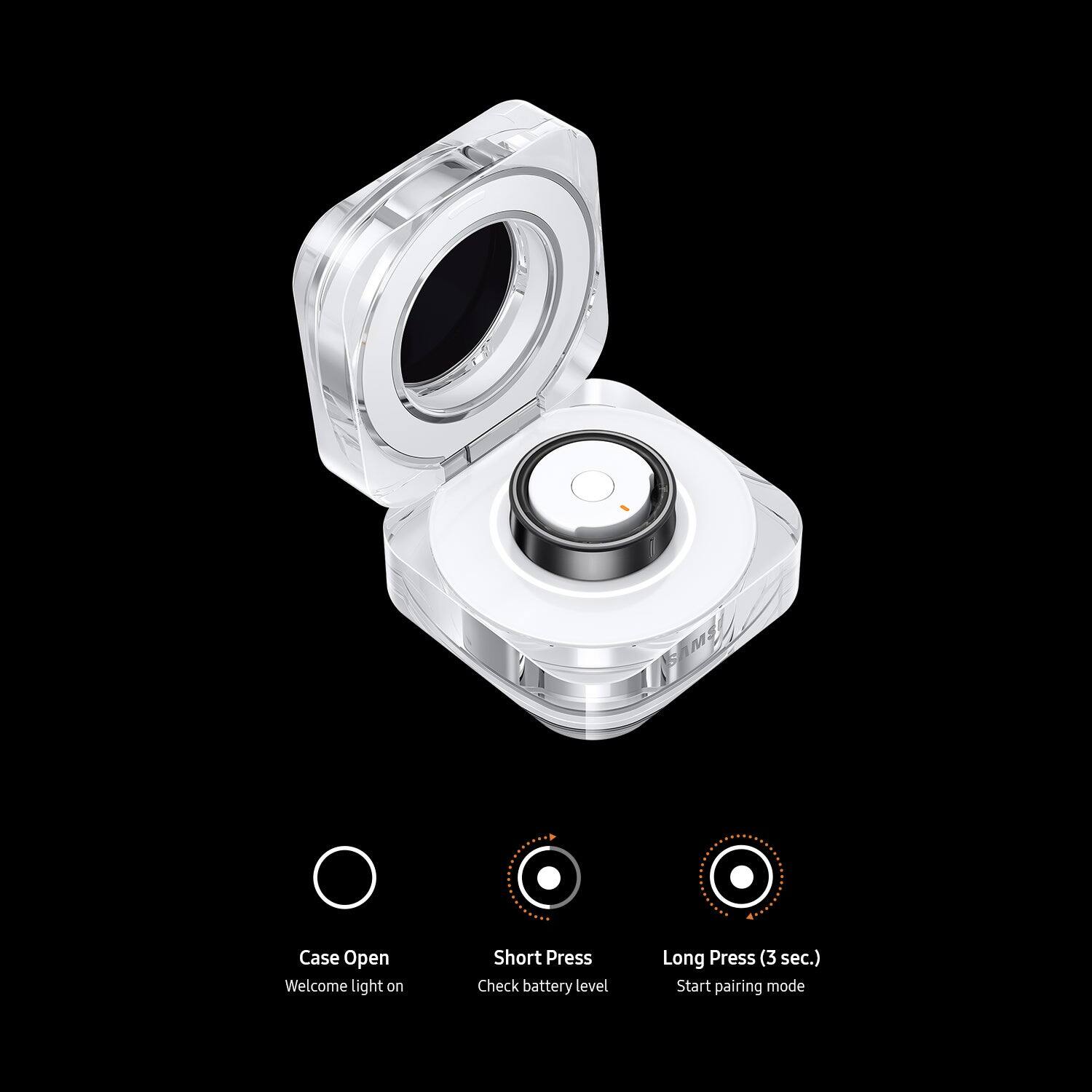 The text on the image reads: "Case Open Welcome light on Short Press Check battery level Long Press (3 sec.) Start pairing mode".