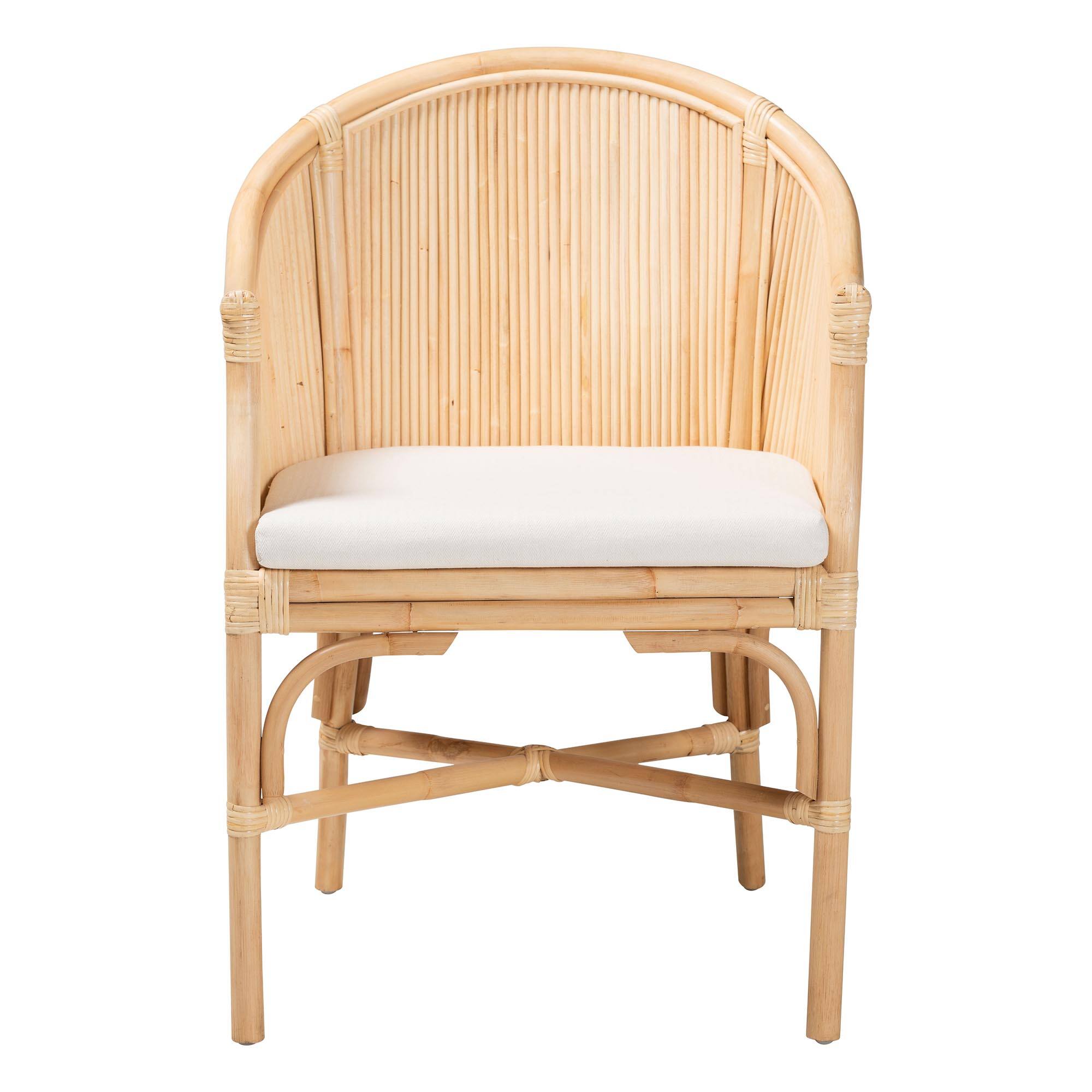 Angle. bali & pari - Hollis Natural Rattan Barrel Chair with Cushion - Handcrafted Accent Armchair with Laminated Rattan Pole Back - Natural.