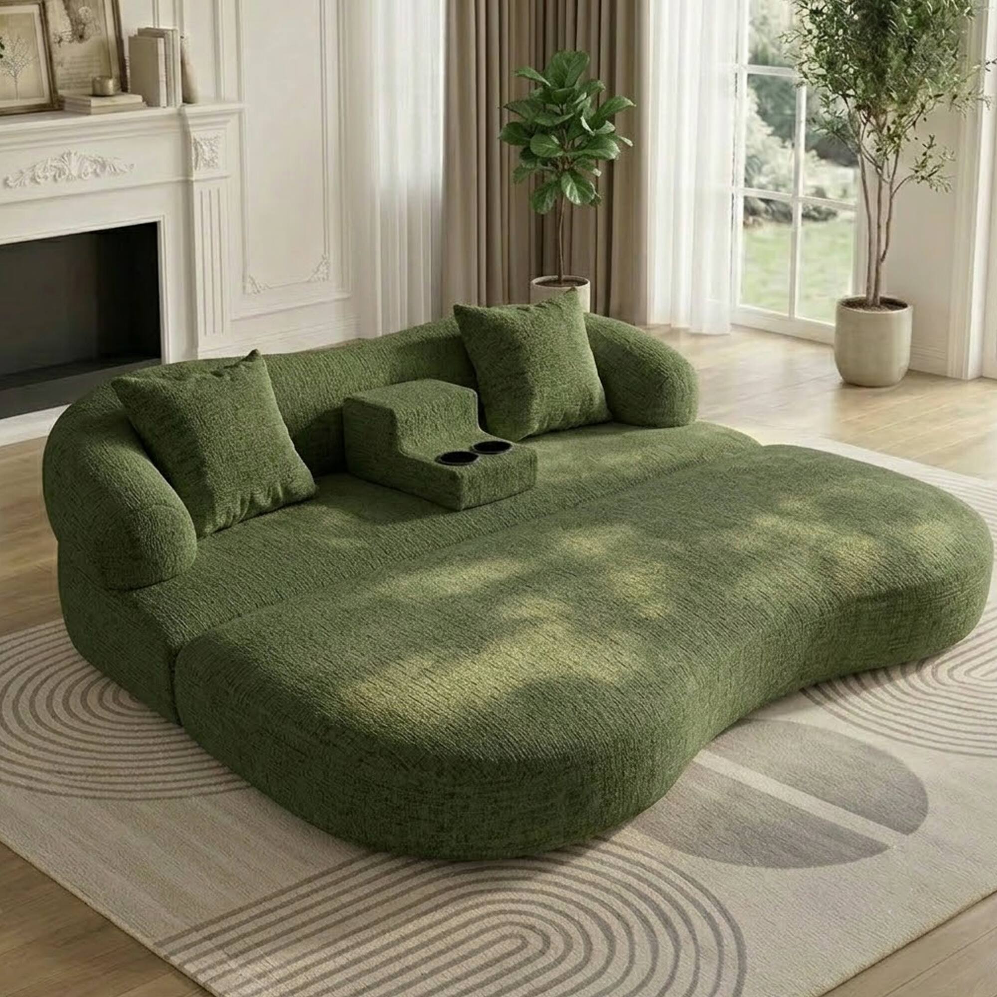 Angle. Anysun - 2-in-1 Modern Curved Boneless Convertible Chenille  Sleeper Sofa Bed with Cup Holders, for Small Spaces - Army Green.