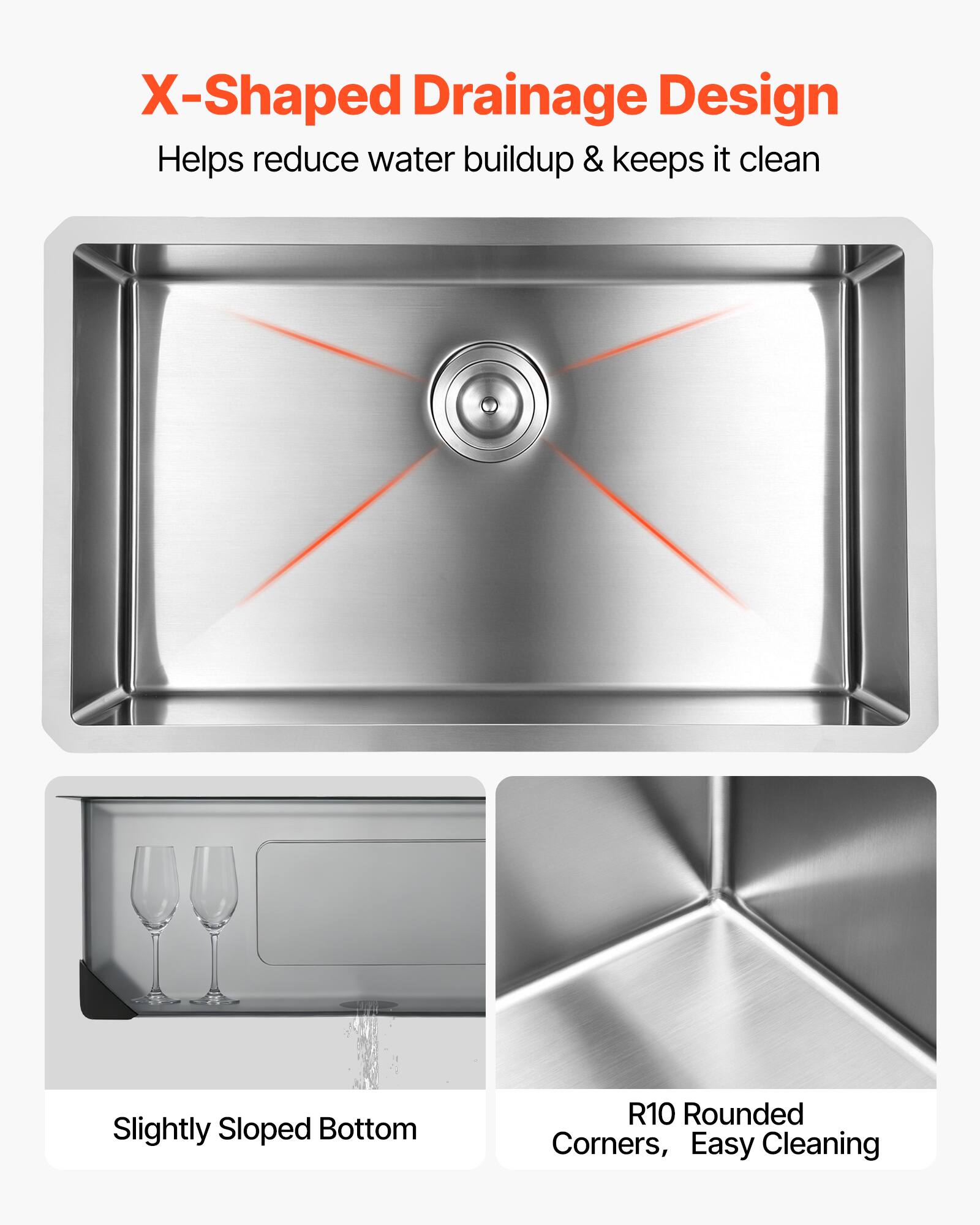 X-Shaped Drainage Design Helps reduce water buildup & keeps it clean  
Slightly Sloped Bottom  
R10 Rounded Corners, Easy Cleaning