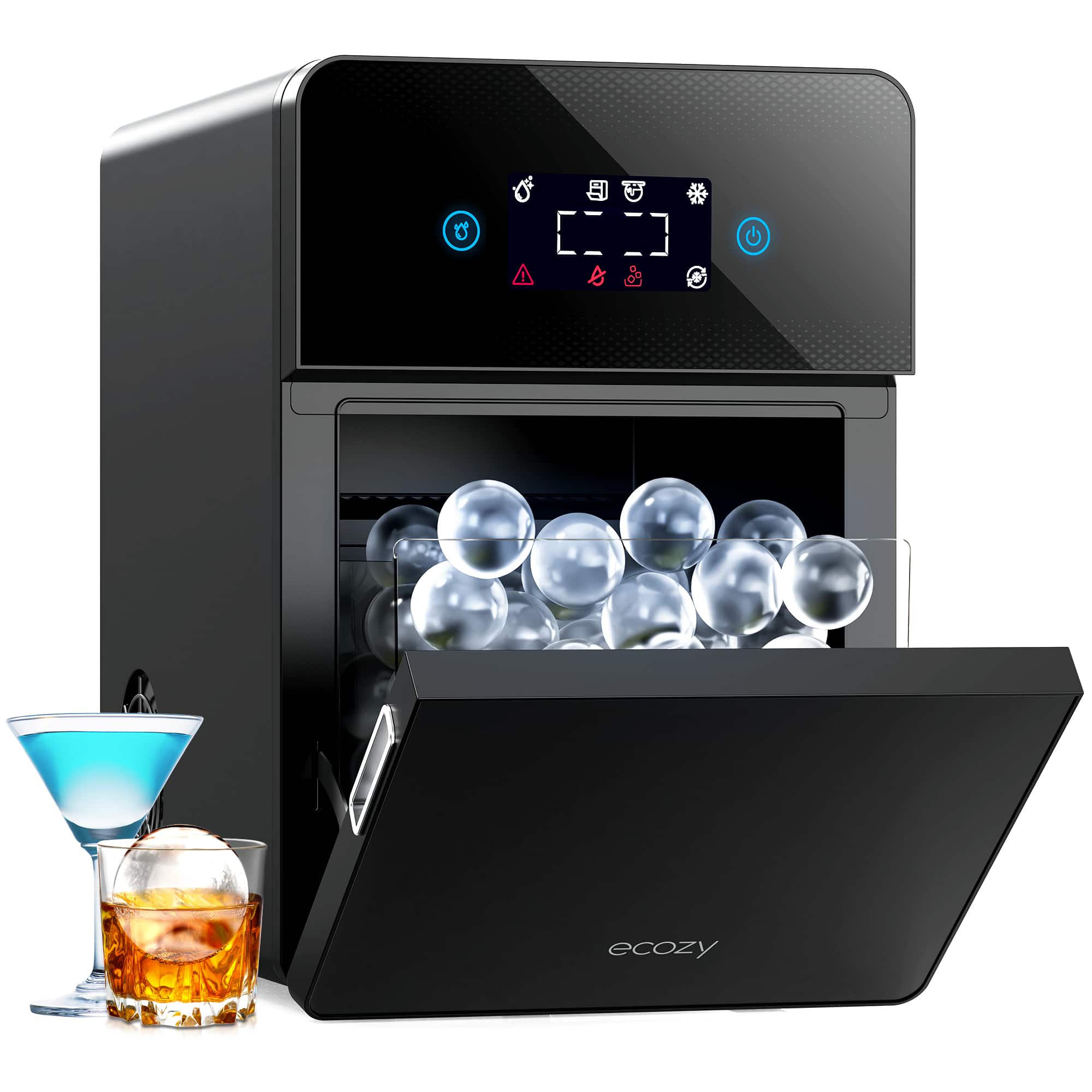 Front. Ecozy - ecozy Countertop Sphere Ice Maker for Whiskey, 4 Ice Balls in 35 Mins, 144 Sphere per Day, 8-Hour Ice Preservation - Black.