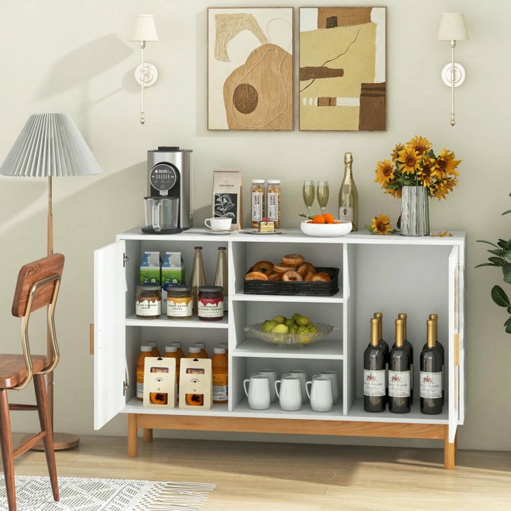 Alt View 4. Pefilos - 48 Inch Sideboard Buffet Cabinet, Floor Storage Cabinet with 2 Bamboo Woven Doors, Cabinet for Indoor, White - White.