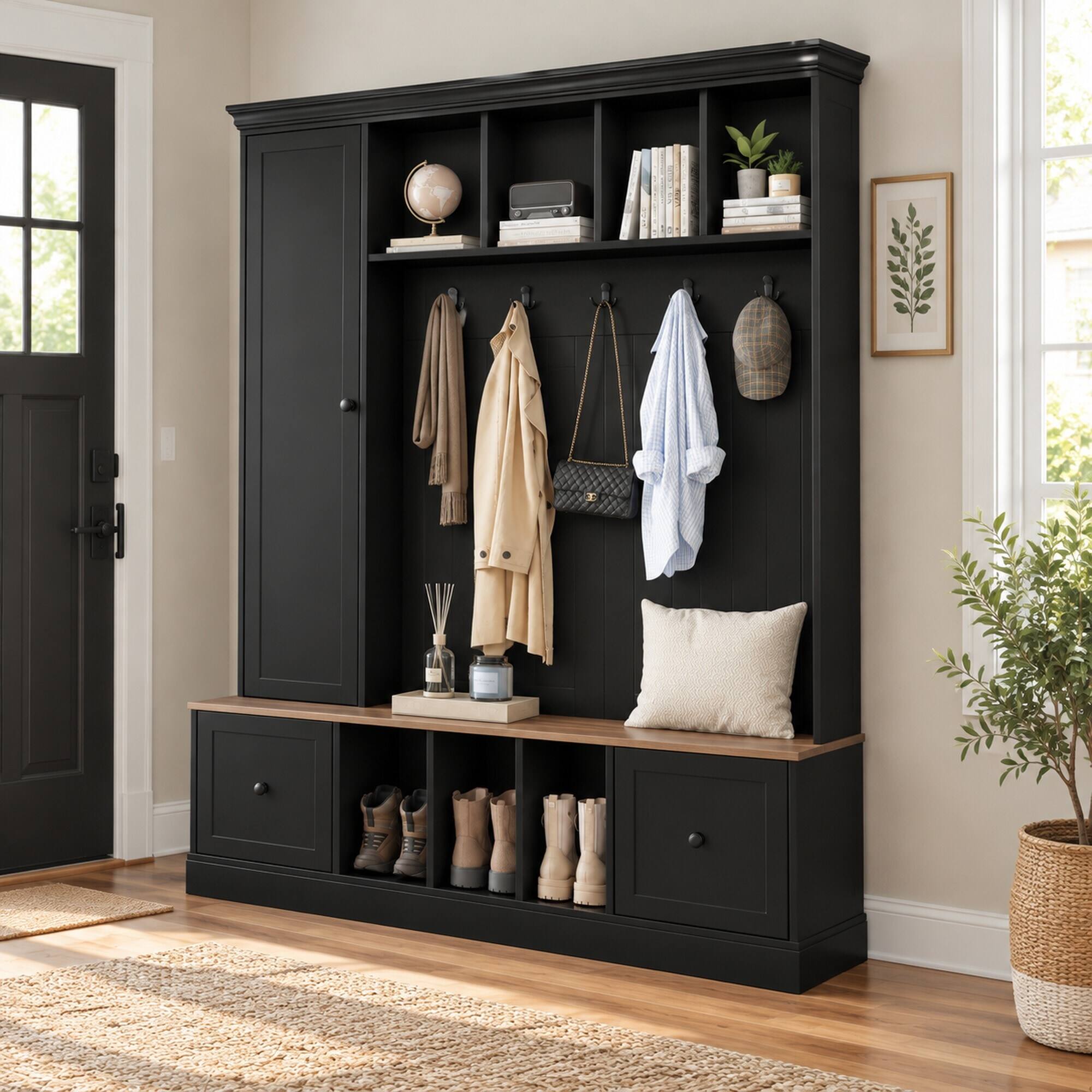 RYHNUYNE VIBE HAUS 62.2 in Farmhouse Hall Tree, Coat Rack and Shoe ...