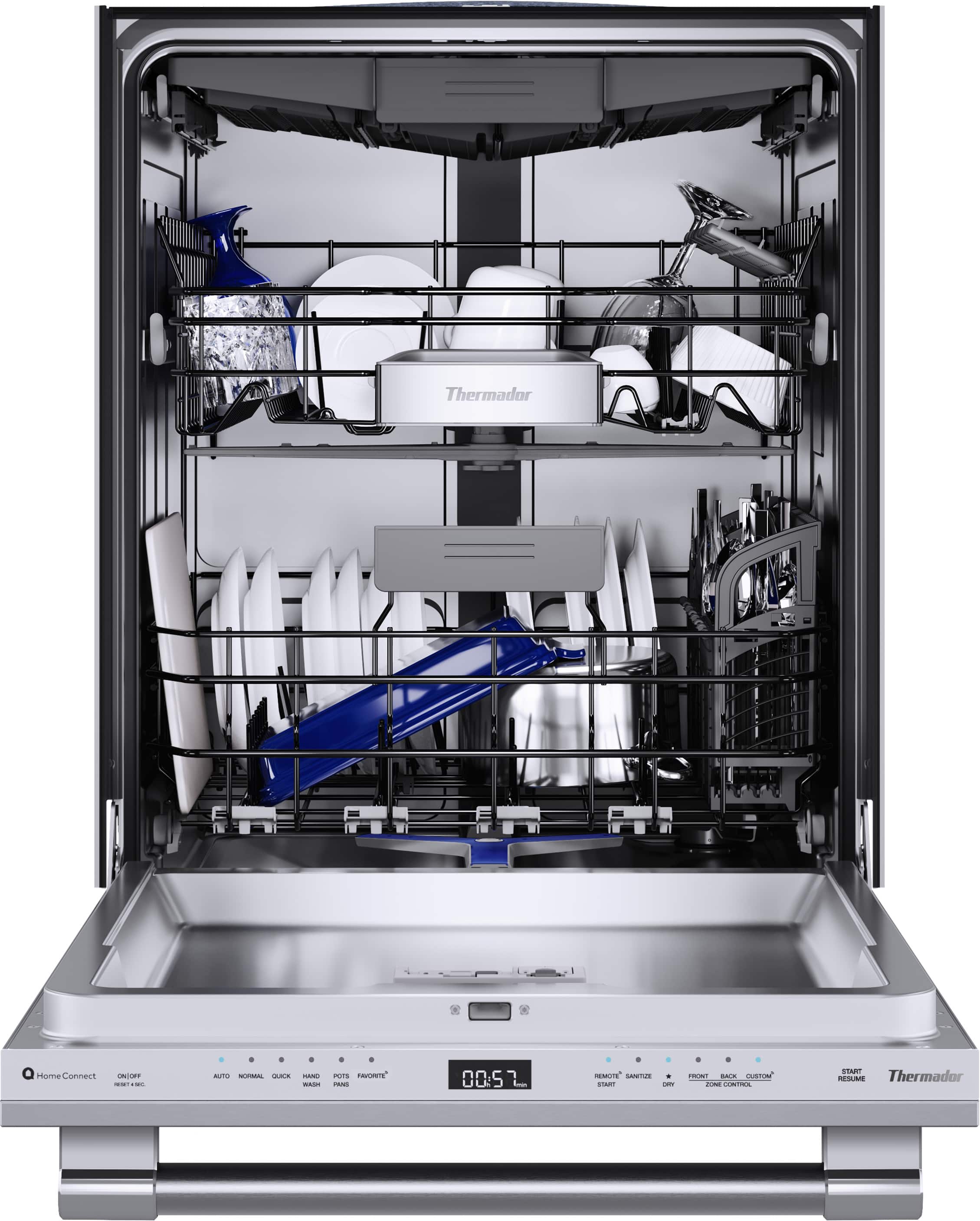 Thermador, a home appliance brand, offers a range of products including ovens, cooktops, and dishwashers. In the image, a Thermador dishwasher is shown with a full rack of dishes, including cups, bowls, and knives. The dishwasher is designed to be energy-efficient and environmentally friendly, making it a popular choice for homeowners. The company's commitment to innovation and quality ensures that their products are reliable and easy to use.