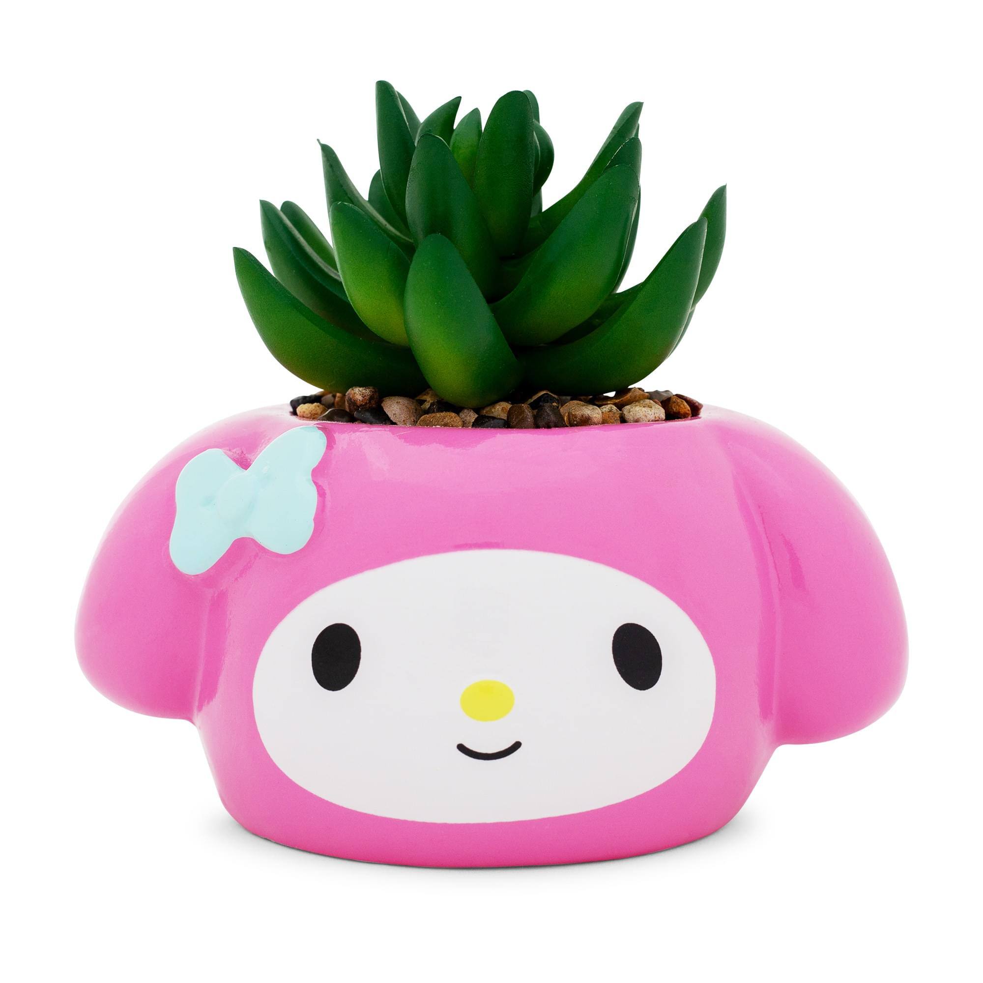 Front. Silver Buffalo - Sanrio My Melody 3-Inch Ceramic Mini Planter With Artificial Succulent - Pink.