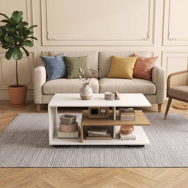 Angle. WELLFOR - Modern 3 Tier Coffee Table with Open Storage Shelf, Rectangular Center Table Cocktail Table for Living Room - White.
