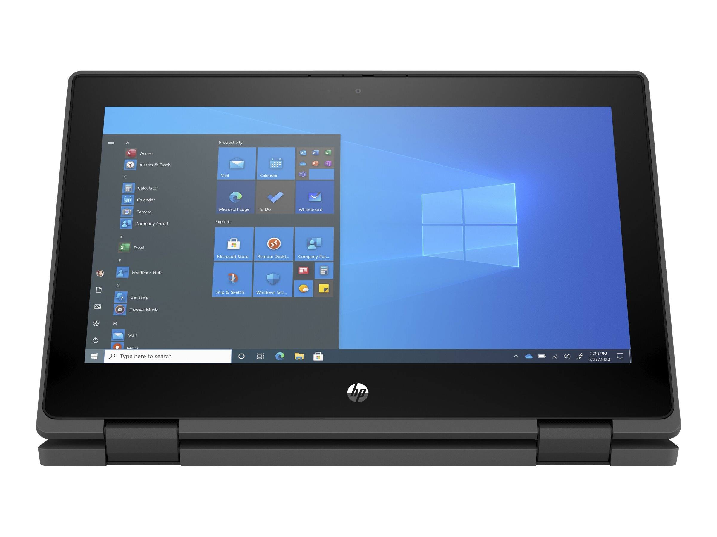 Productivity  
Access  
Alarms & Clock  
Calculator  
Calendar  
Camera  
Company Portal  
Excel  
Feedback Hub  
Get Help  
Groove Music  
Mail  
Microsoft Edge  
Microsoft Store  
Remote Desktop  
Snip & Sketch  
To Do  
Whiteboard  
Windows Security  

Type here to search  

2:00 PM  
5/27/2020