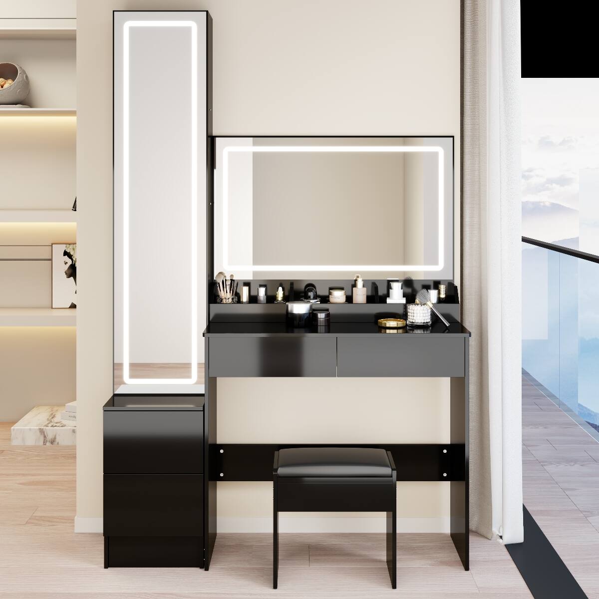 Alt View 9. Loheer - Loheer Extra Large LED Makeup Vanity with Full Body Mirror Cabinet and Cushioned Stool, Black - Black.
