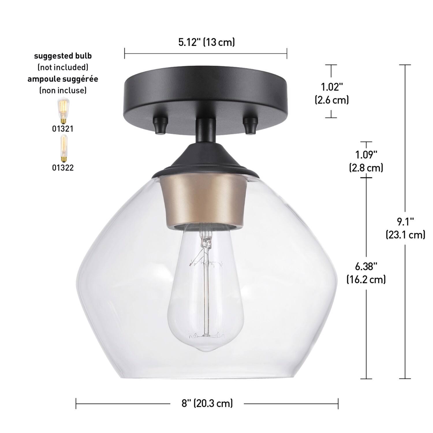 suggested bulb (not included)  
ampoule suggérée (non incluse)  
01321  
01322  

5.12" (13 cm)  
1.02" (2.6 cm)  
1.09" (2.8 cm)  
9.1" (23.1 cm)  
6.38" (16.2 cm)  
8" (20.3 cm)