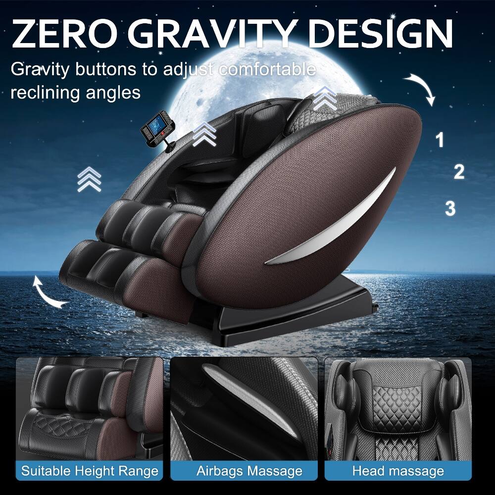 ZERO GRAVITY DESIGN  
Gravity buttons to adjust comfortable reclining angles

1  
2  
3

Suitable Height Range  
Airbags Massage  
Head massage