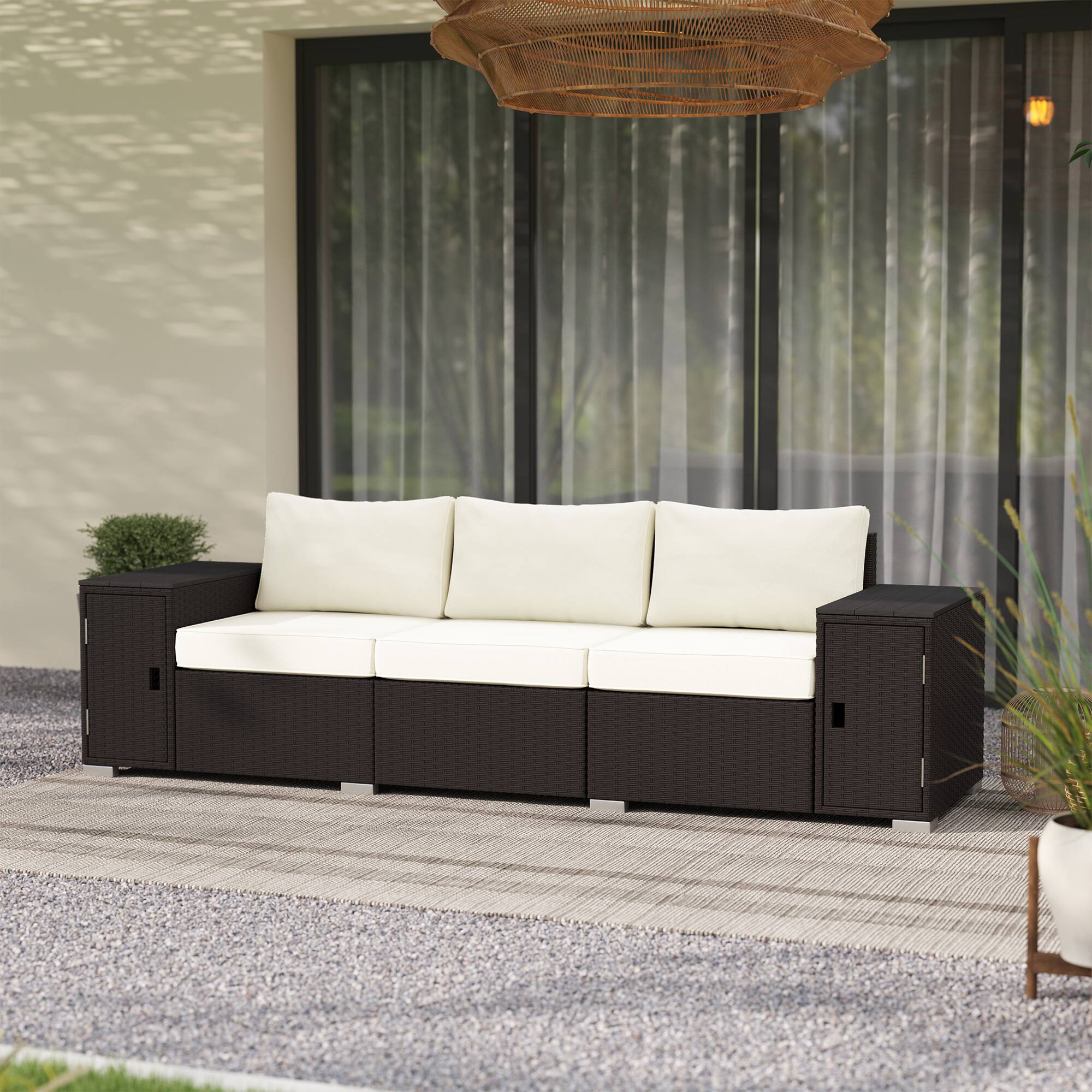Alt View 7. Outsunny - 3 Seater Wicker Sofa with 2 Storage Side Tables and Thickened Cushions, Rattan Outdoor Patio Sofa with Wide Armrests - Cream White/Brown.