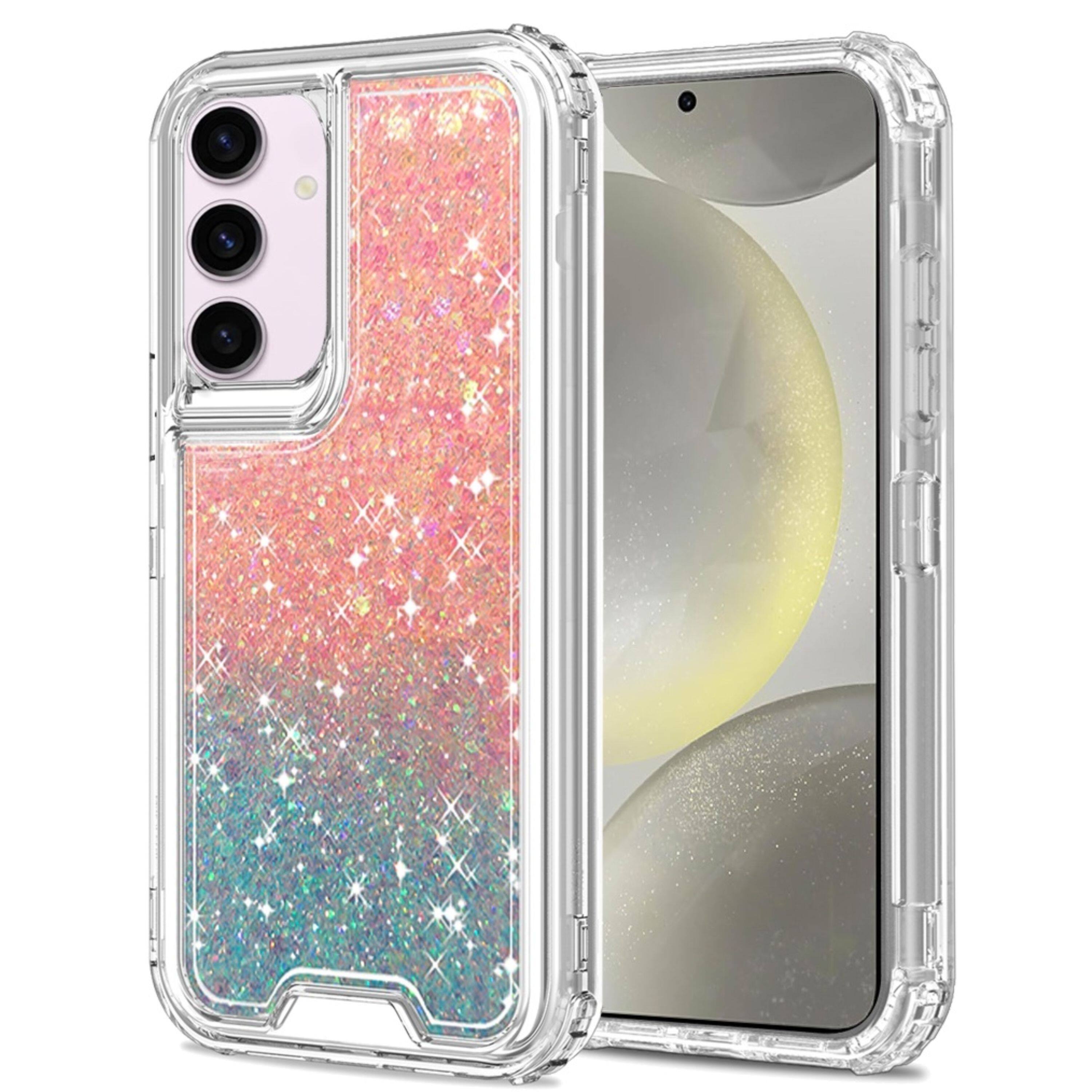Angle. Kitcheniva - Crystal Glitter 3-In-1 Protective Case With Tempered Glass For Samsung S25 Plus/S24 Plus Pink/Light Blue - A12321.