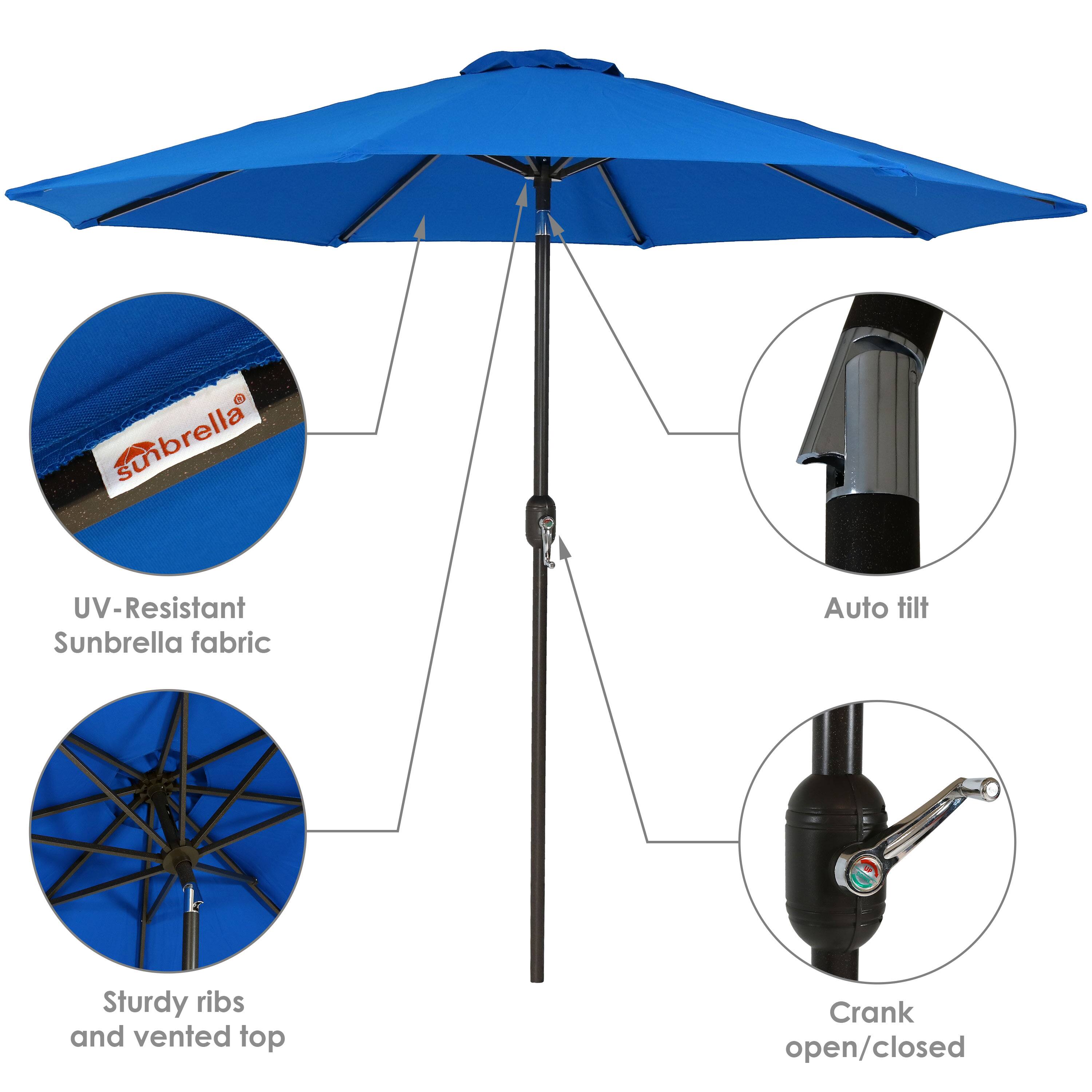 - UV-Resistant Sunbrella fabric
- Auto tilt
- Sturdy ribs and vented top
- Crank open/closed