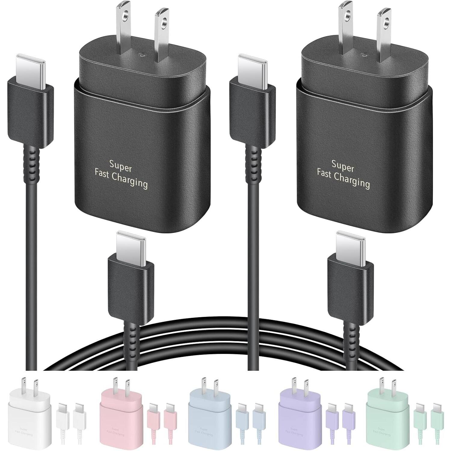 MOSZAR LLC - 2-Pack 25W USB-C Fast Charger with 6Ft Cable for Samsung Galaxy & iPhone - Black