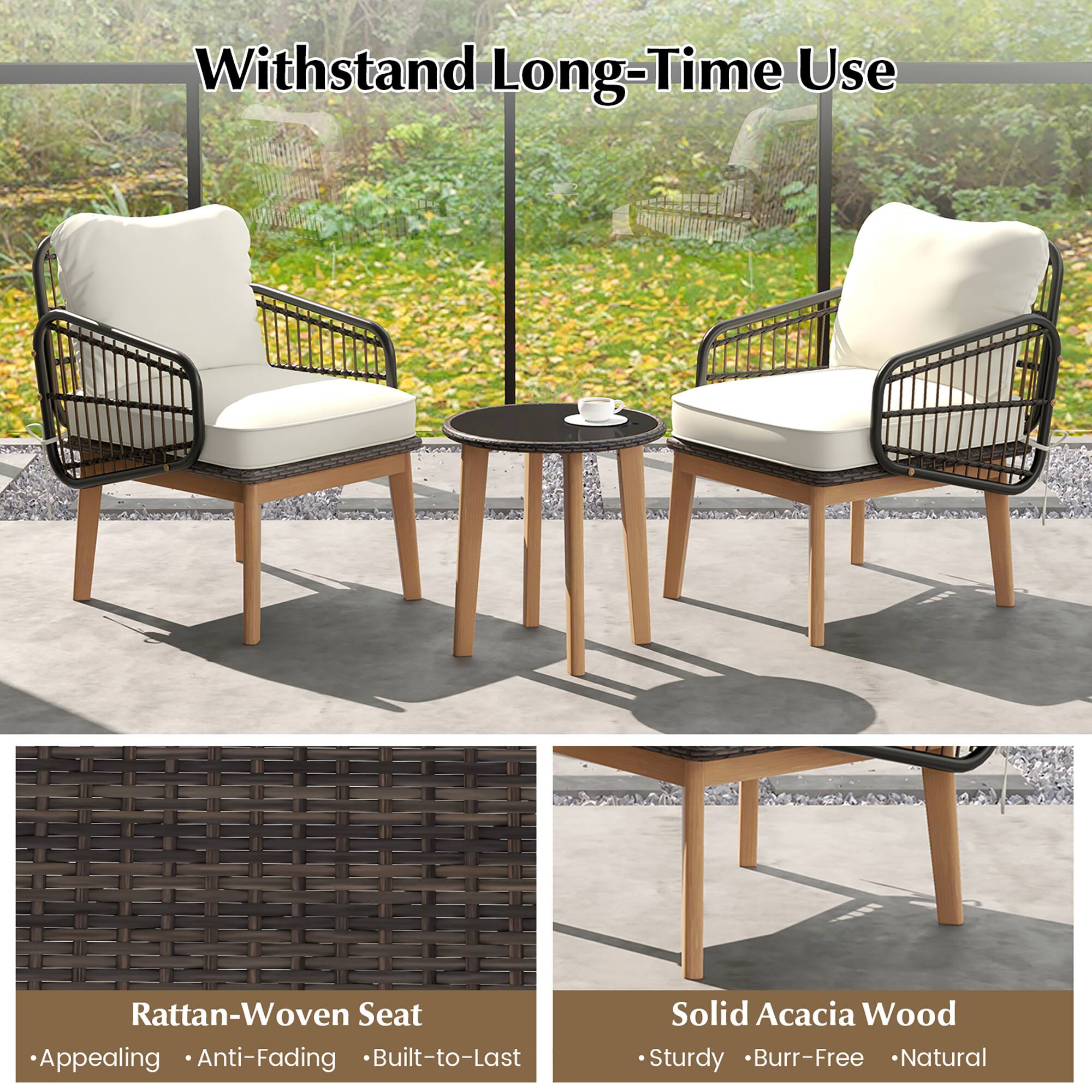 Withstand Long-Time Use
Rattan-Woven Seat
Solid Acacia Wood