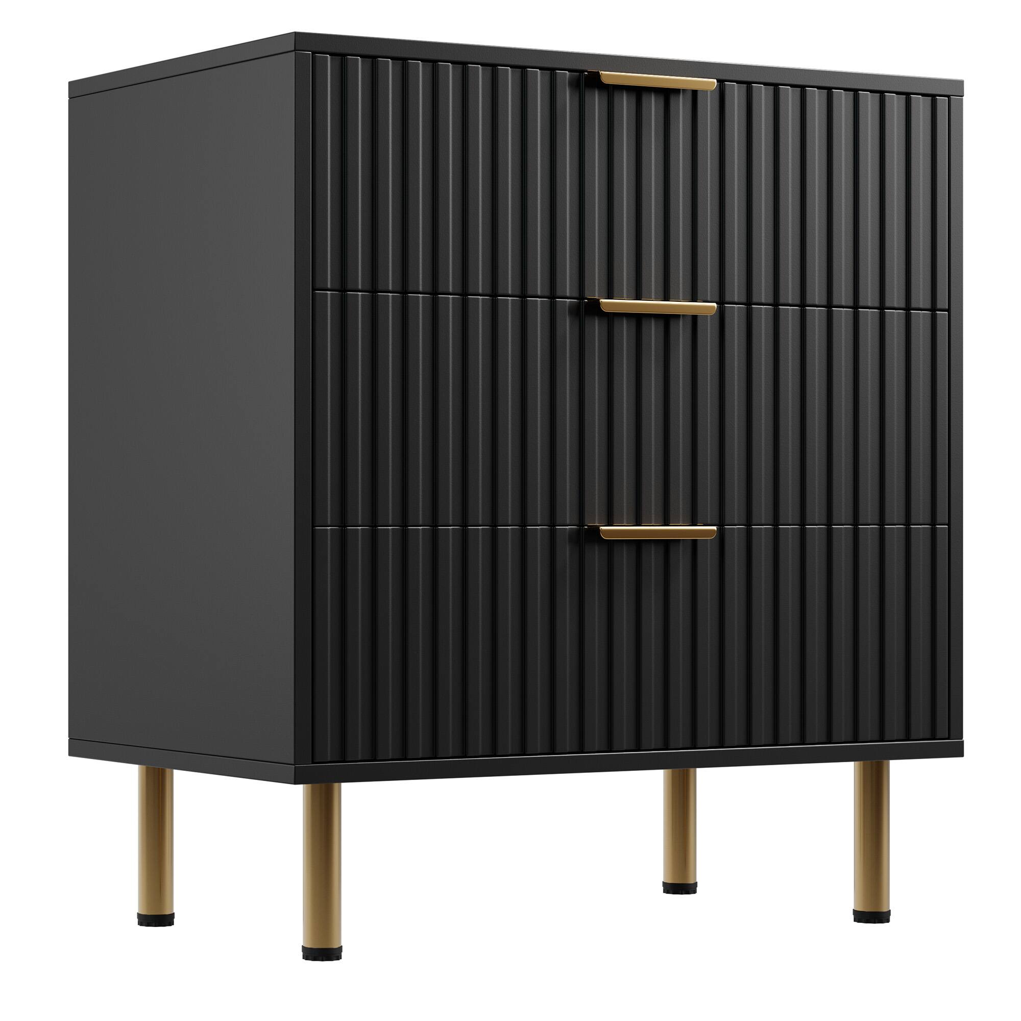 Left. Homhougo - Dresser for Bedroom, Fluted 3 Drawer Wood Dresser with Golden Handles - Black.
