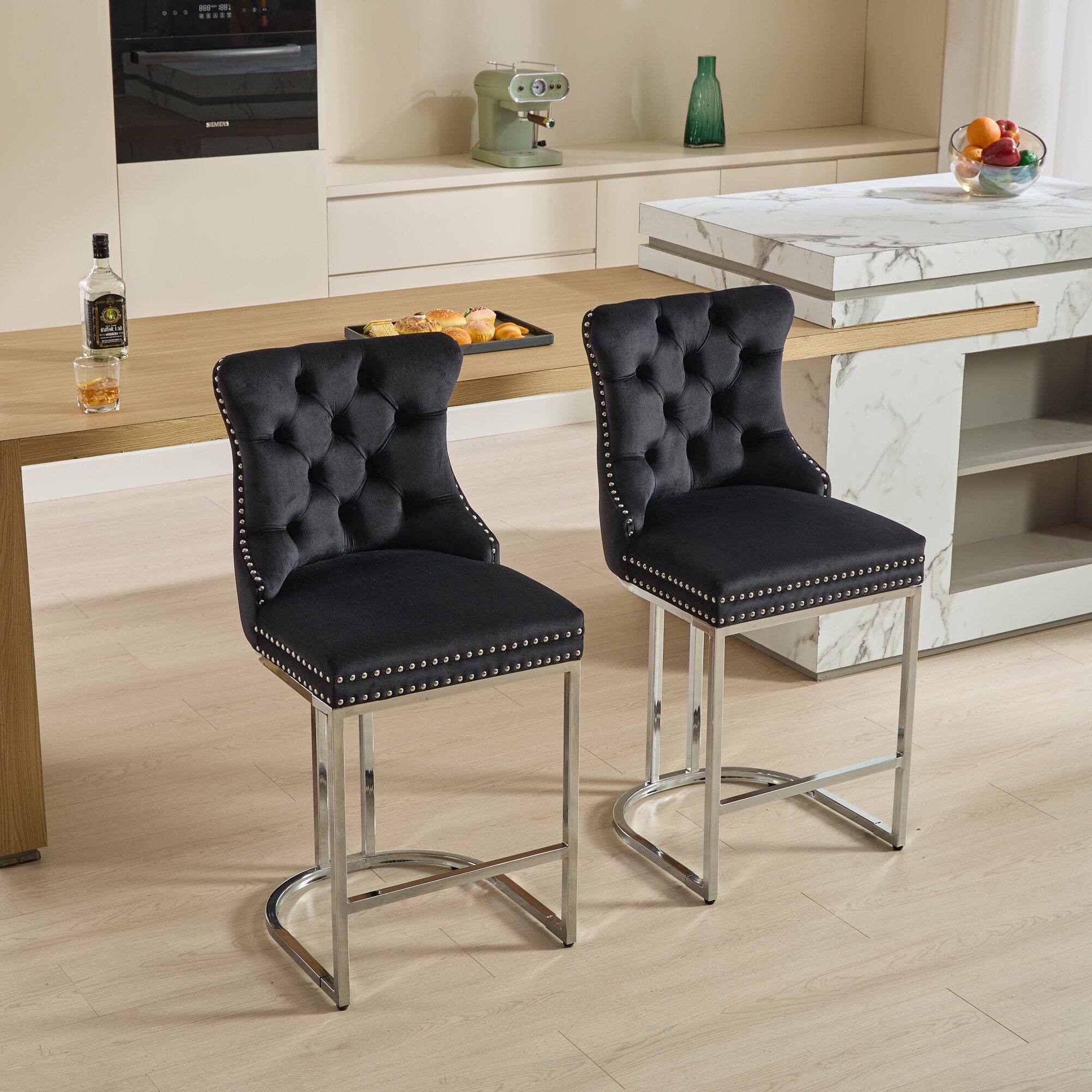 Front. APRILSOUL - 25 Counter Height Bar Stools Set of 2 Modern Velvet Button Back Rivet Trim Black 2 Pack - Black.