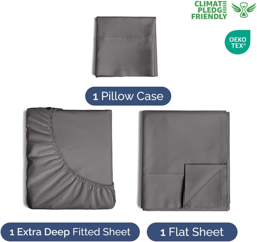 CLIMATE PLEDGE FRIENDLY  
1 Pillow Case  
1 Extra Deep Fitted Sheet  
1 Flat Sheet