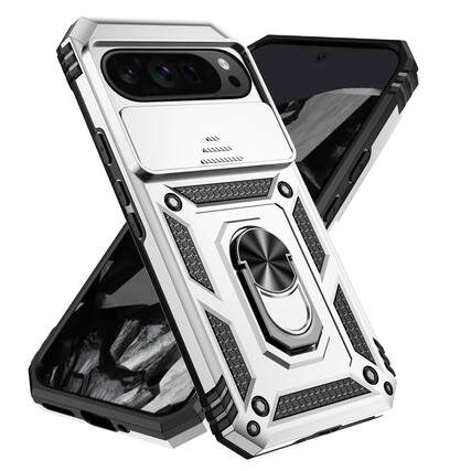 Front. UUCOVER - Rugged Protective Case for Google Pixel 10 / 10 Pro,Shockproof TPU+PC Case Slide Camera Cover Ring Holder Stand Cover - Silver.