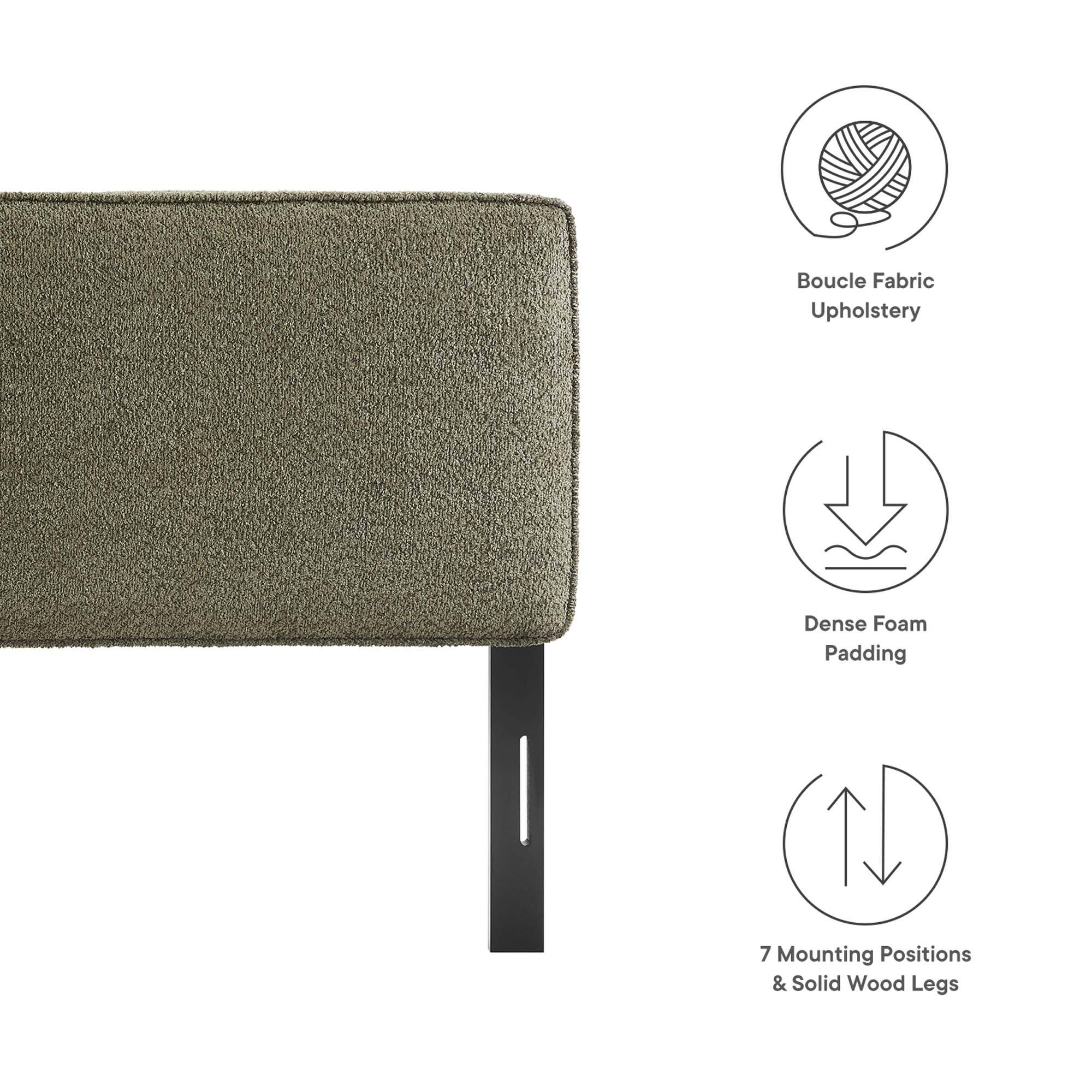 - Boucle Fabric Upholstery
- Dense Foam Padding
- 7 Mounting Positions & Solid Wood Legs