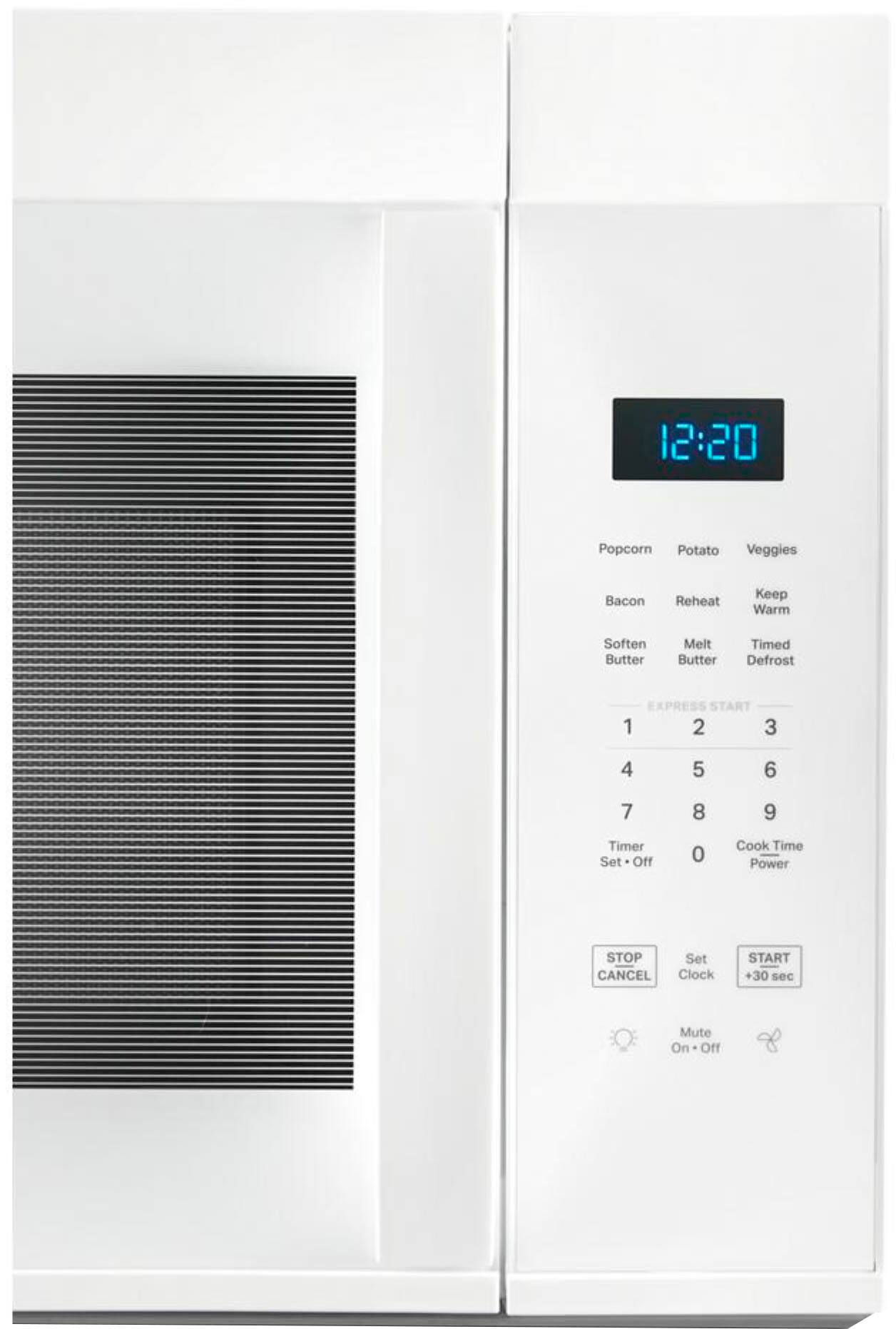 The text on the image is related to a microwave oven, which is set to cook popcorn, potatoes, and vegetables with bacon. The microwave also has a timer set for 12:20. The oven has various settings, such as express start, keep warm, soften, melt butter, and defrost. The image also shows the clock on the microwave, which is set to 12:20.