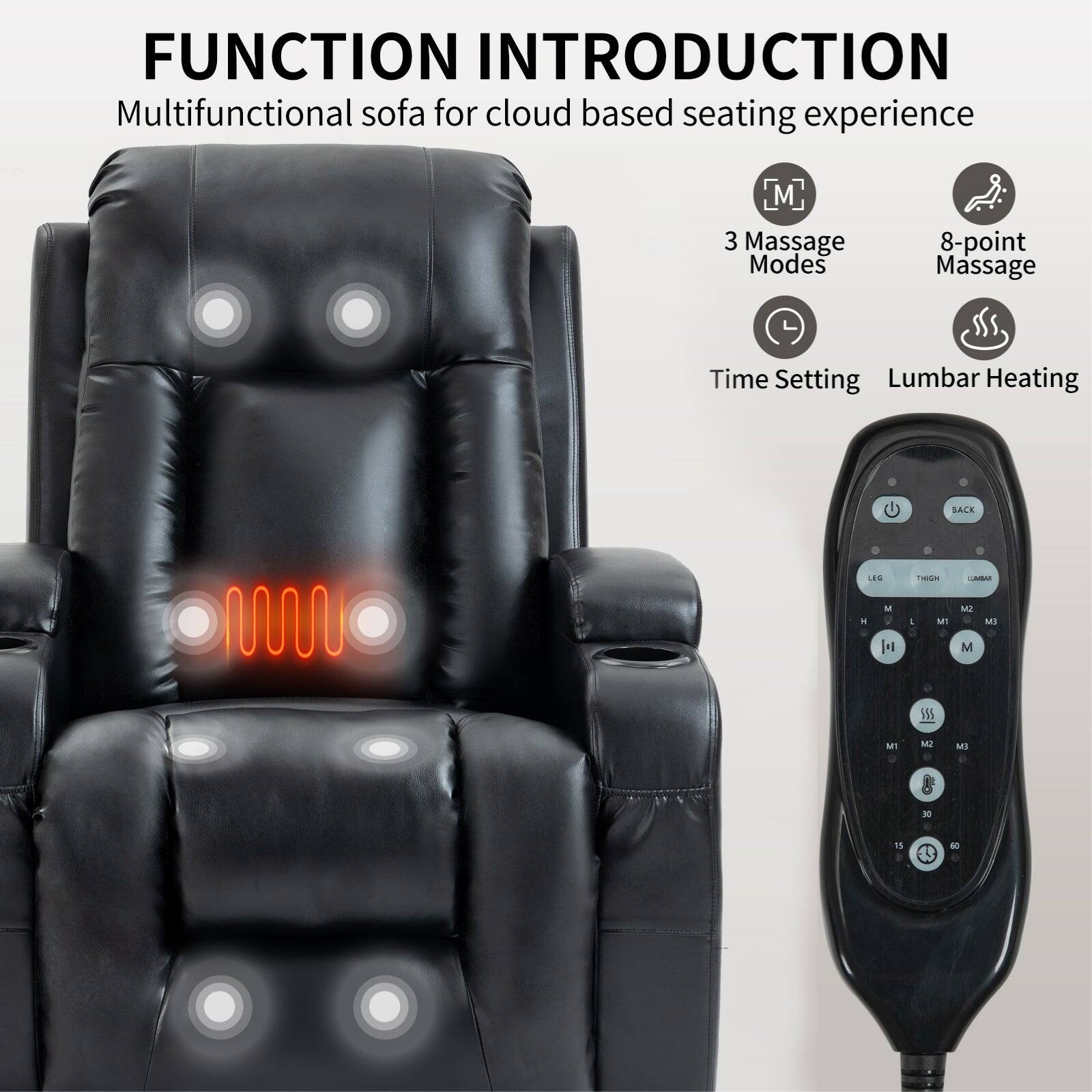 FUNCTION INTRODUCTION: Multifunctional sofa for cloud-based seating experience. 3 Massage Modes. 8-point Massage Time Setting. Lumbar Heating.