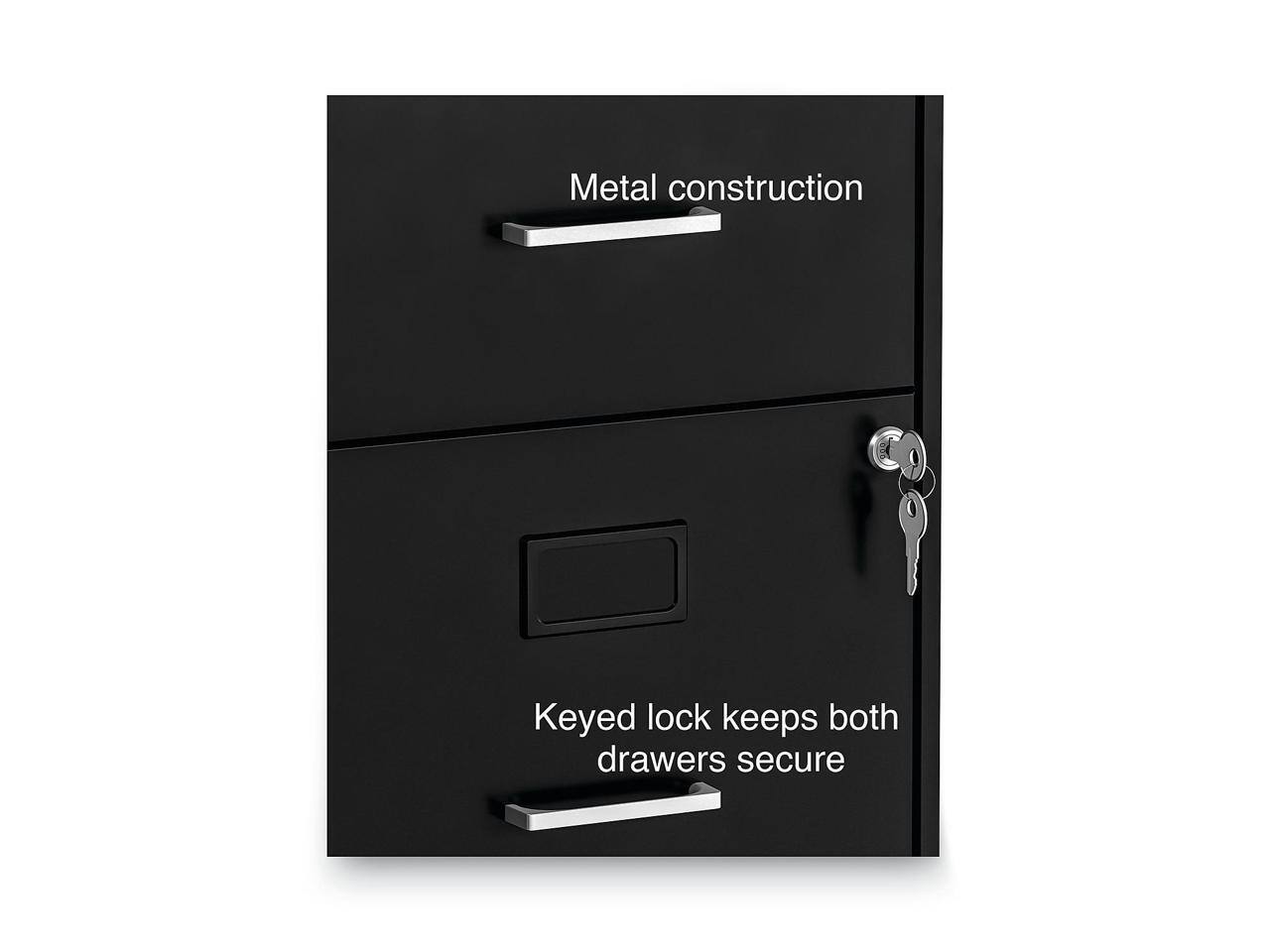 Metal construction  
Keyed lock keeps both drawers secure