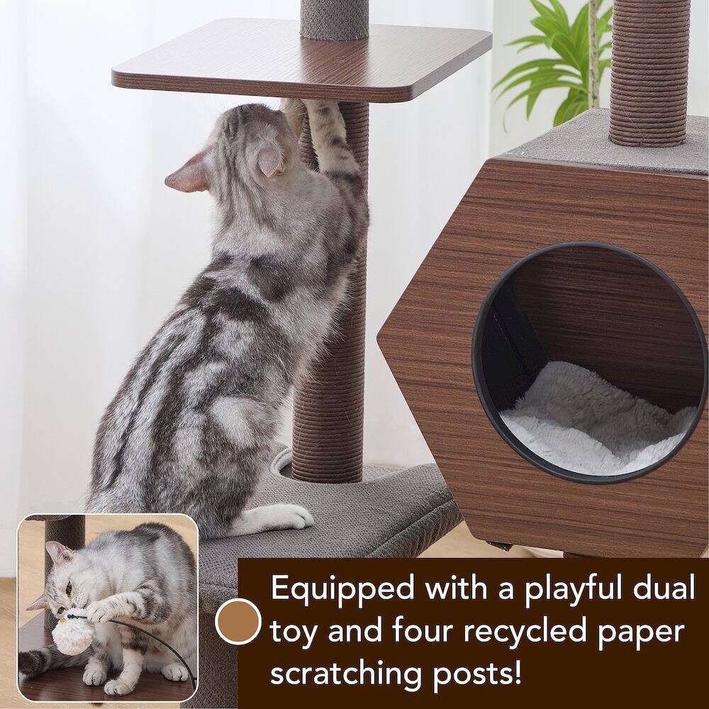 Equipped with a playful dual toy and four recycled paper scratching posts!