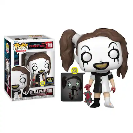 Sure, here is the corrected and grouped text from the image:
---
**Funko POP! Movies**
**TERRIFIER 1749**
**LITTLE PALE GIRL**
**VINYL FIGURE / FIGURINE EN VINYLE / FIGURA DE VINIL**
**GLOWS DARK**
**SPECIAL EDITION EXCLUSIVE**
**ATTENTION: CONTIEN GLOWS DARK**
**WARNING: CHOKING HAZARD - SMALL PARTS. NOT FOR CHILDREN UNDER 3 YEARS.**
---
This text is taken from the packaging and the figure itself.