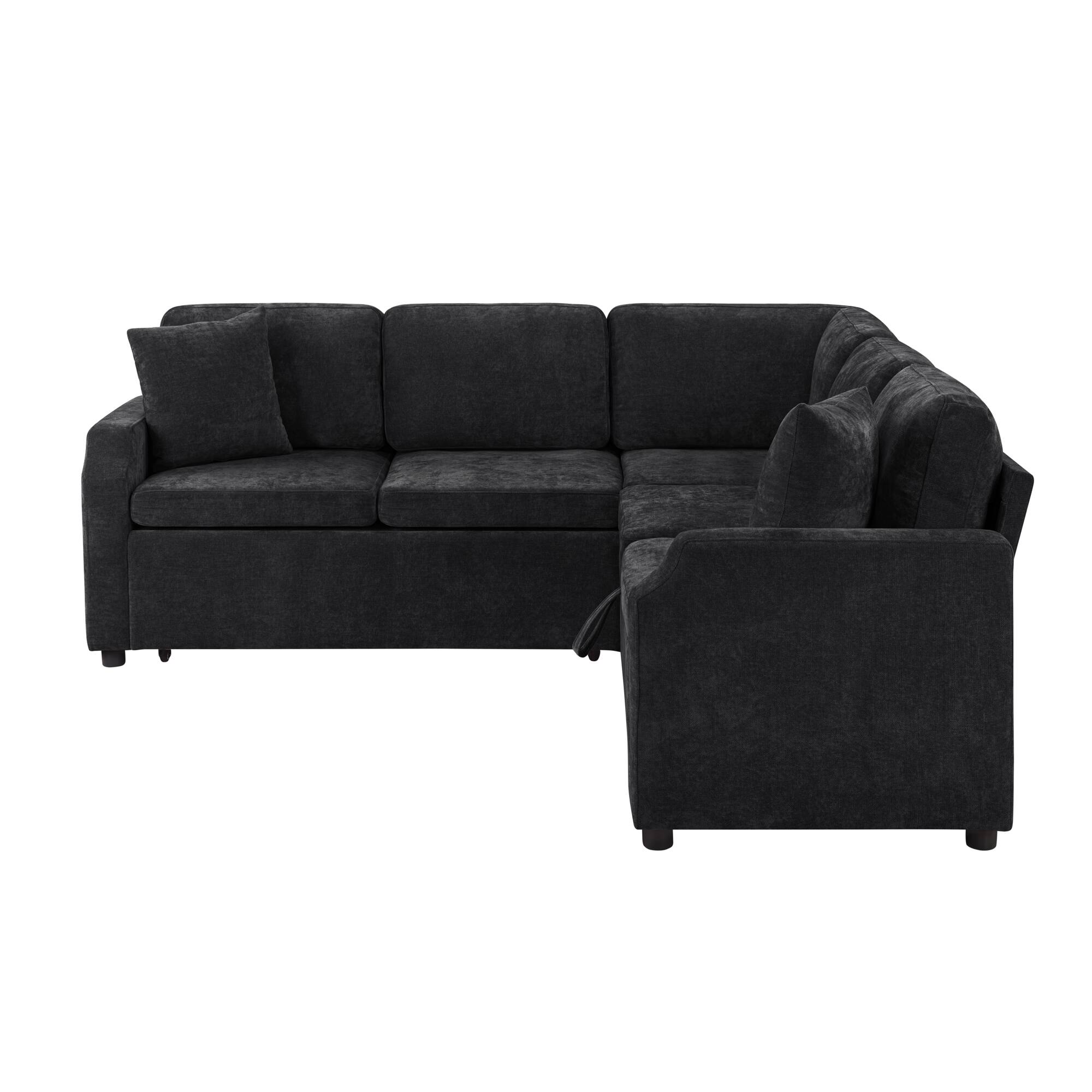 Back. Whisen - Upholstered L-Shaped Sectional Sofa Bed with Pull-Out Sleeper & Storage for Living Room - Black.