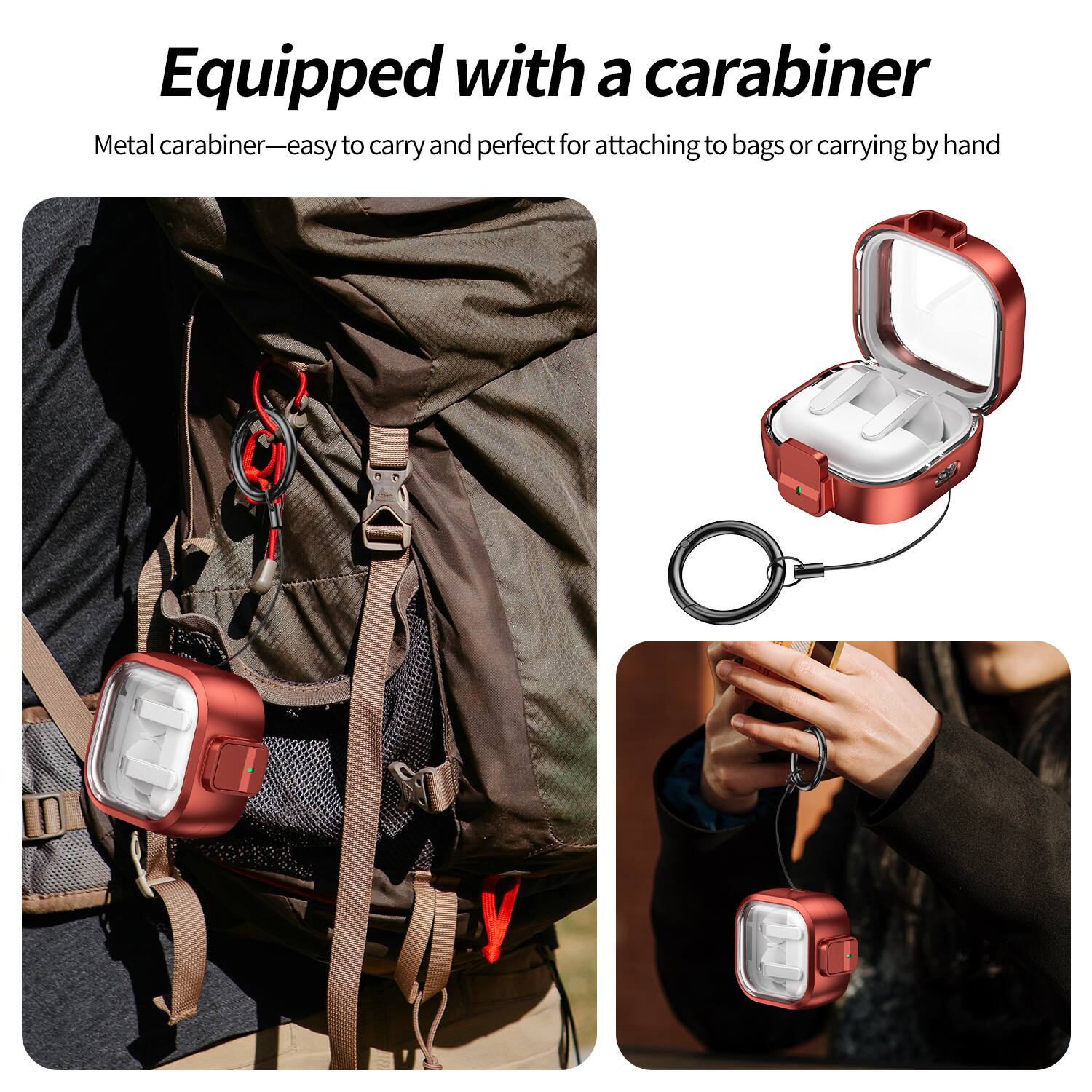 Equipped with a carabiner  
Metal carabiner—easy to carry and perfect for attaching to bags or carrying by hand