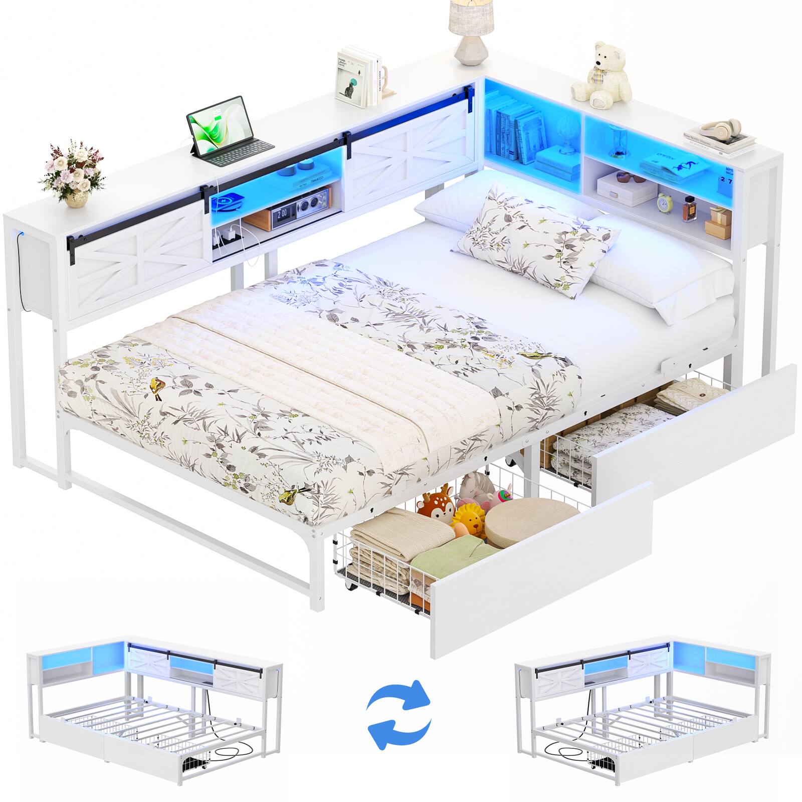 Alt View 2. Aheaplus - Twin Corner Daybed with Drawers and Storage Headboard, L Shaped Day Bed with Barn Doors, Power Outlets, and LED Lights - White.