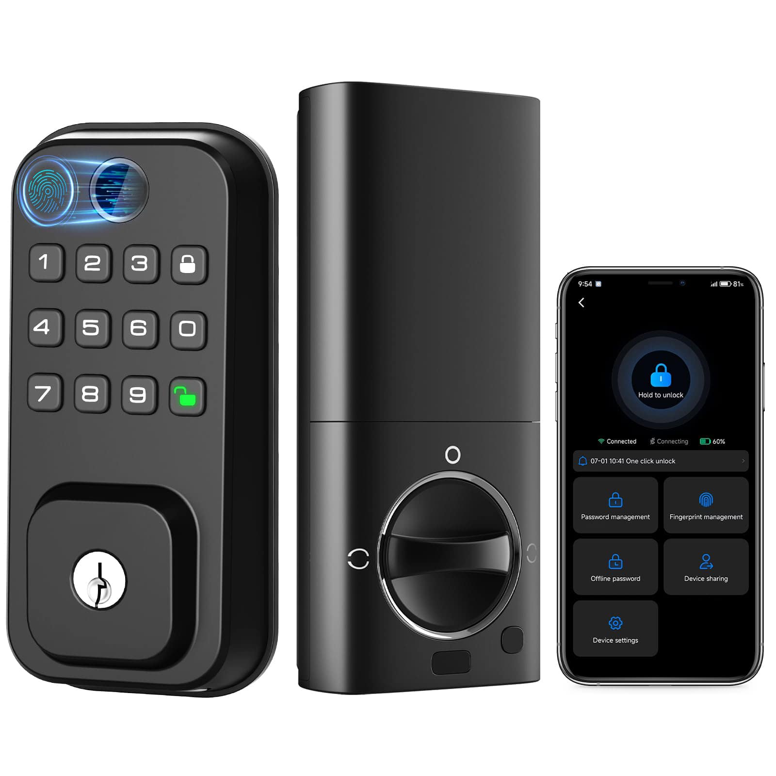 GlowWise - Smart Lock with Fingerprint & Keypad,Built-in WiFi for App & Alexa/Google Control, IP54 Keyless Entry Deadbolt,Auto Lock - Blank