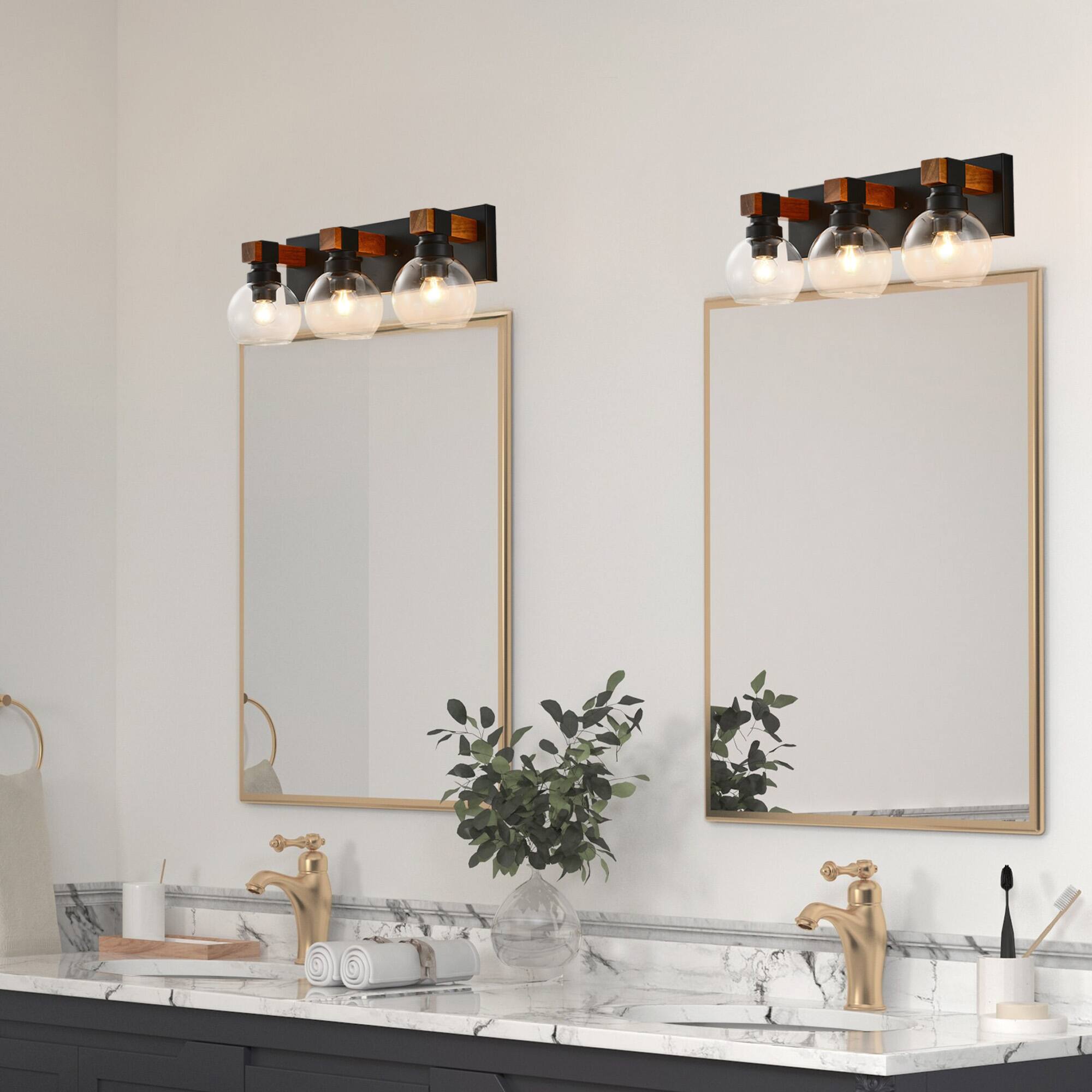 Alt View 3. RYHNUYNE - 3 Light Bathroom Vanity Light Fixtures, Black and Gold Wood Bathroom Light Fixtures Over Mirror, Farmhouse Wall Sconces - Black and Gold.