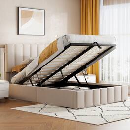 GOODSILO - Full Size Upholstered Platform Bed with Hydraulic Storage System and Wooden Slat Support - Beige