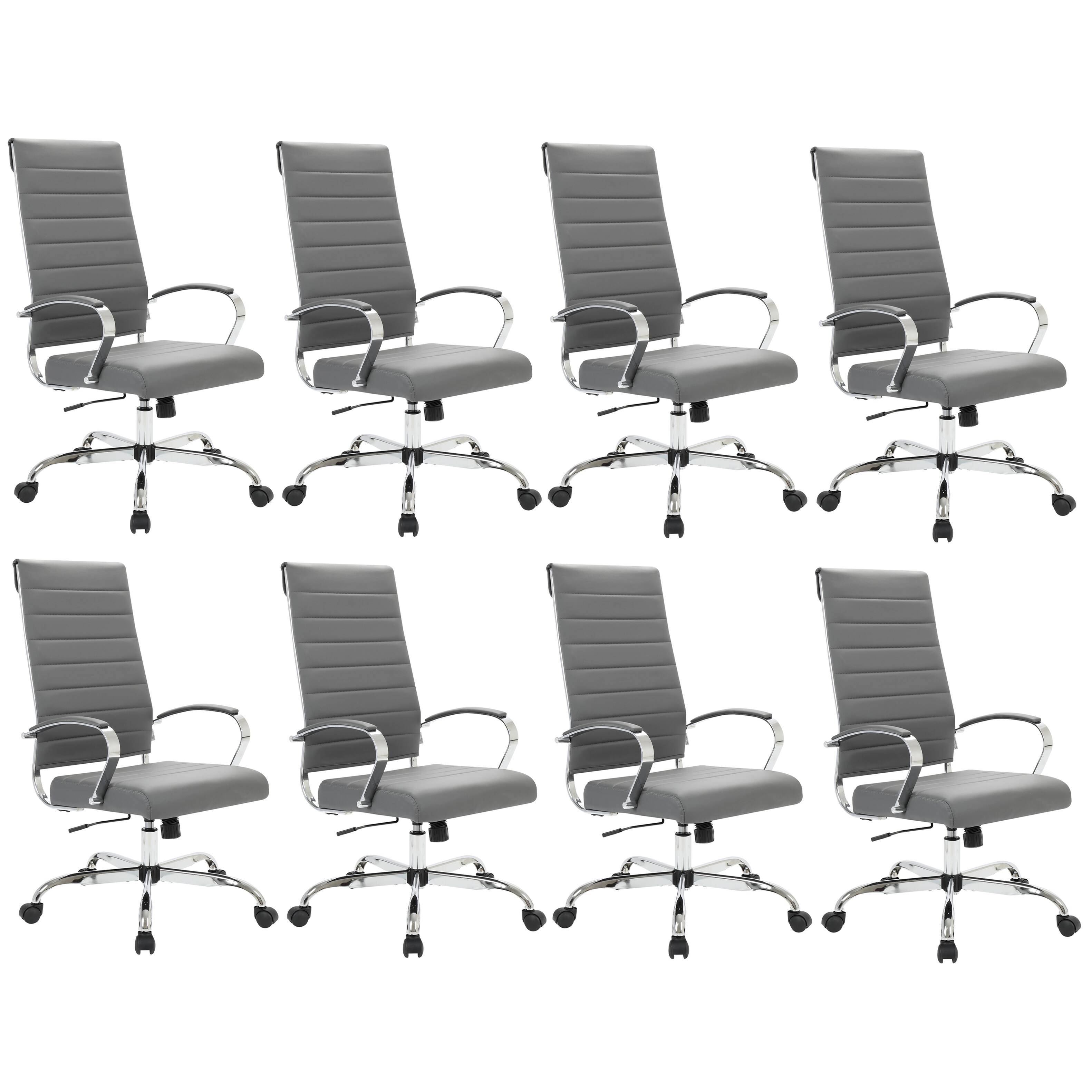 LeisureMod - Set of 8 Benmar Ergonomic Modern High Back Leather Executive Office Chair with Swivel Base and Chrome Frame - Gray