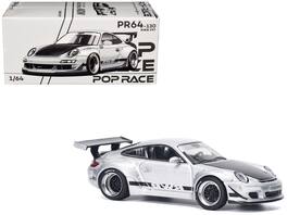 RWB 997 Stripes and Hood 1/64 Diecast Model Car by Pop Race - Silver Metallic with Black