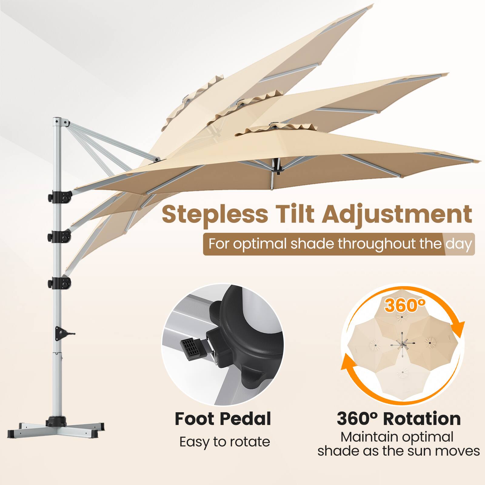 Stepless Tilt Adjustment  
For optimal shade throughout the day  

360° Foot Pedal  
Easy to rotate  

360° Rotation  
Maintain optimal shade as the sun moves