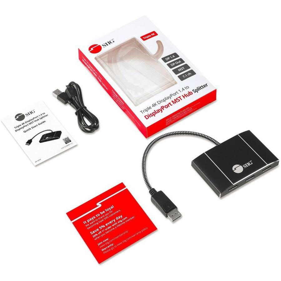 Sure, here is the corrected and grouped text from the image:

---

**Product Information:**
- Triple 4K DisplayPort 1.4 to DisplayPort MST Hub Splitter
- DP 1.4
- DP Out
- MST
- 71ch

**Quick Start Guide:**
- Triple 4K DisplayPort 1.4 to DisplayPort MST Hub Splitter
- Quick Start Guide

**Membership Offer:**
- It pays to be loyal
- Welcome to be a loyal SAG member
- Save 5% every time you order
- 20% off when you become a SAG member
- Join now: www.sag.com/membership
- Warranty: www.sag.com/warranty
- Please go to www.sag.com/privacy-policy

**Website:**
- www.sag.com

---

This text is organized to reflect the information provided in the image.